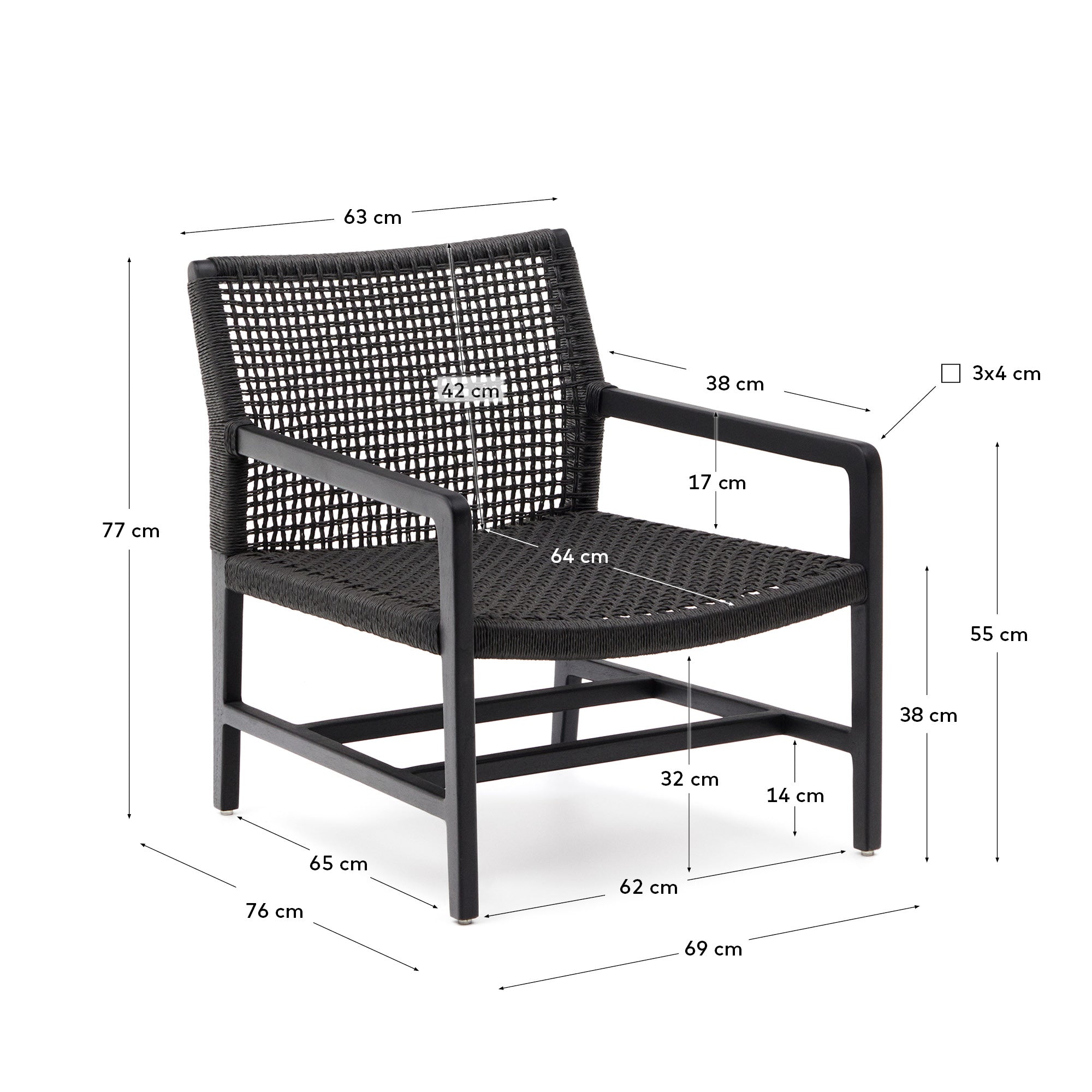 Sabolla armchair made of solid teak wood in a black finish - Measurements