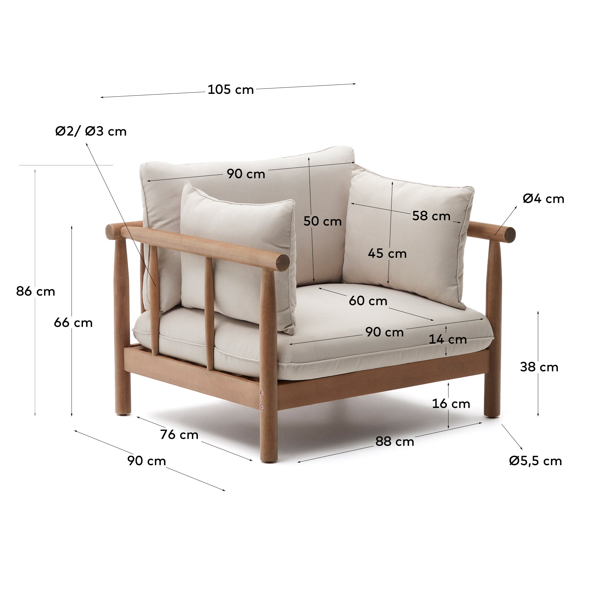 Sacova solid eucalyptus wood armchair - Measurements