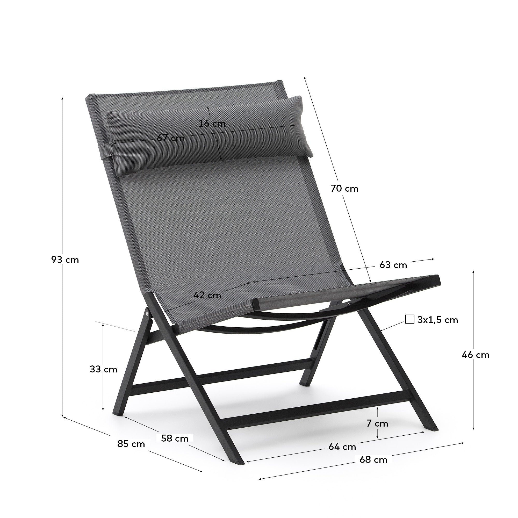 Canutells folding armchair made of aluminum with dark grey finish - Measurements