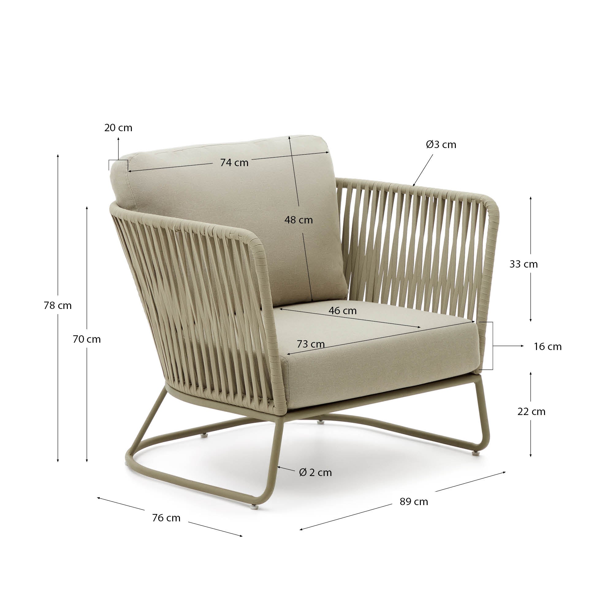 Saconca outdoor armchair made of cord and green galvanised steel - Measurements