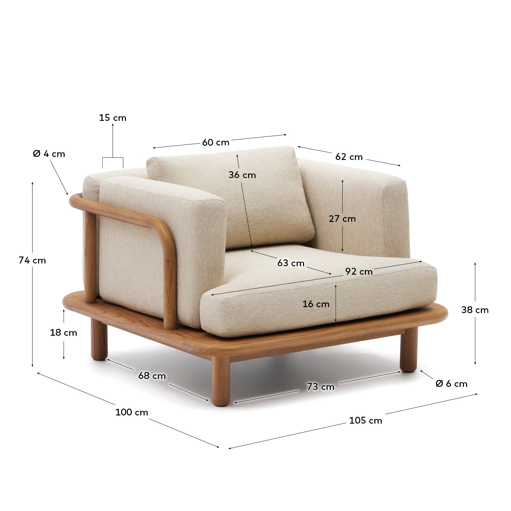 Turqueta armchair made from solid teak wood FSC 100% - Measurements