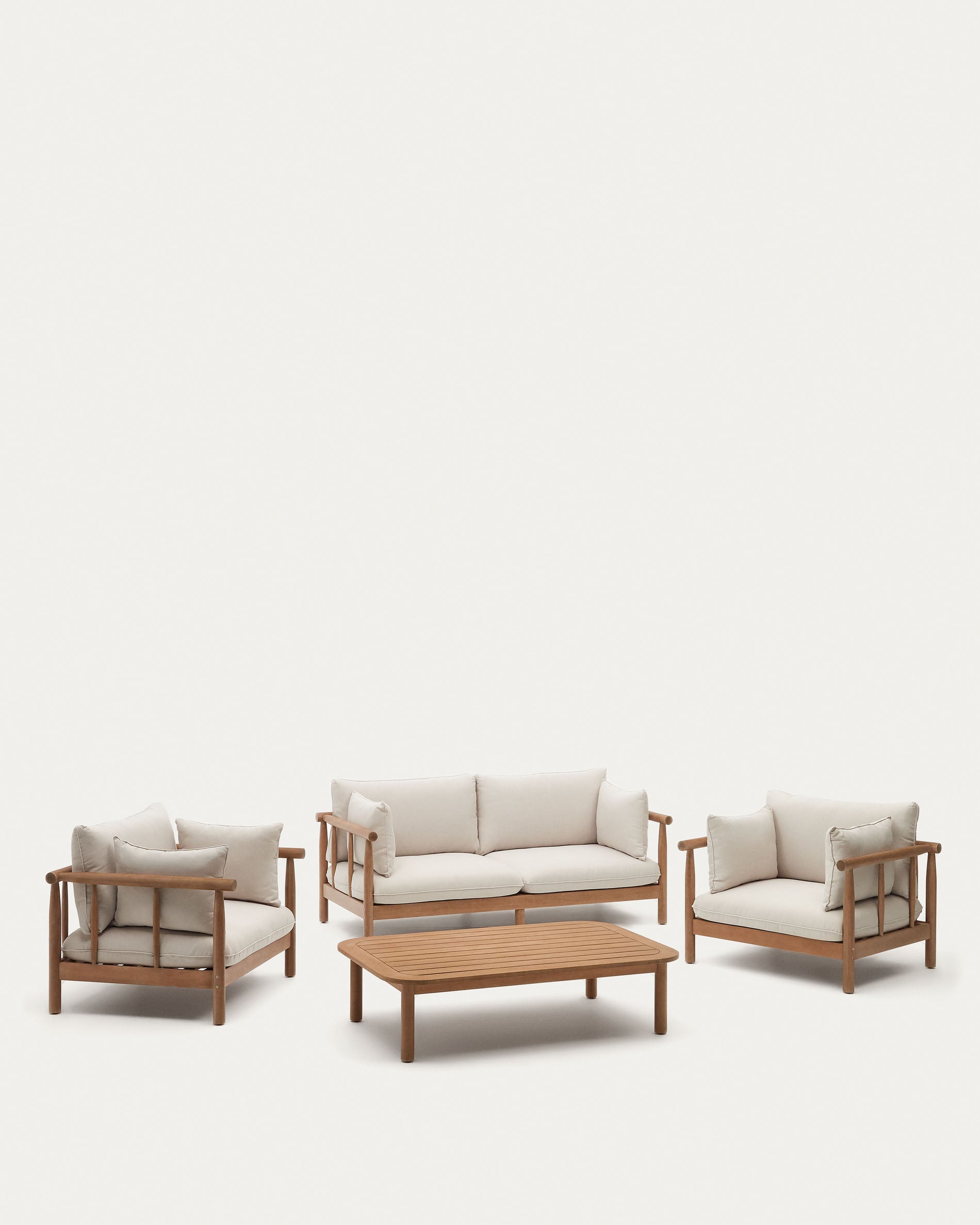 Sacova set of 2 armchairs, 2 seater sofa and coffee table in solid eucalyptus wood FSC - Product View