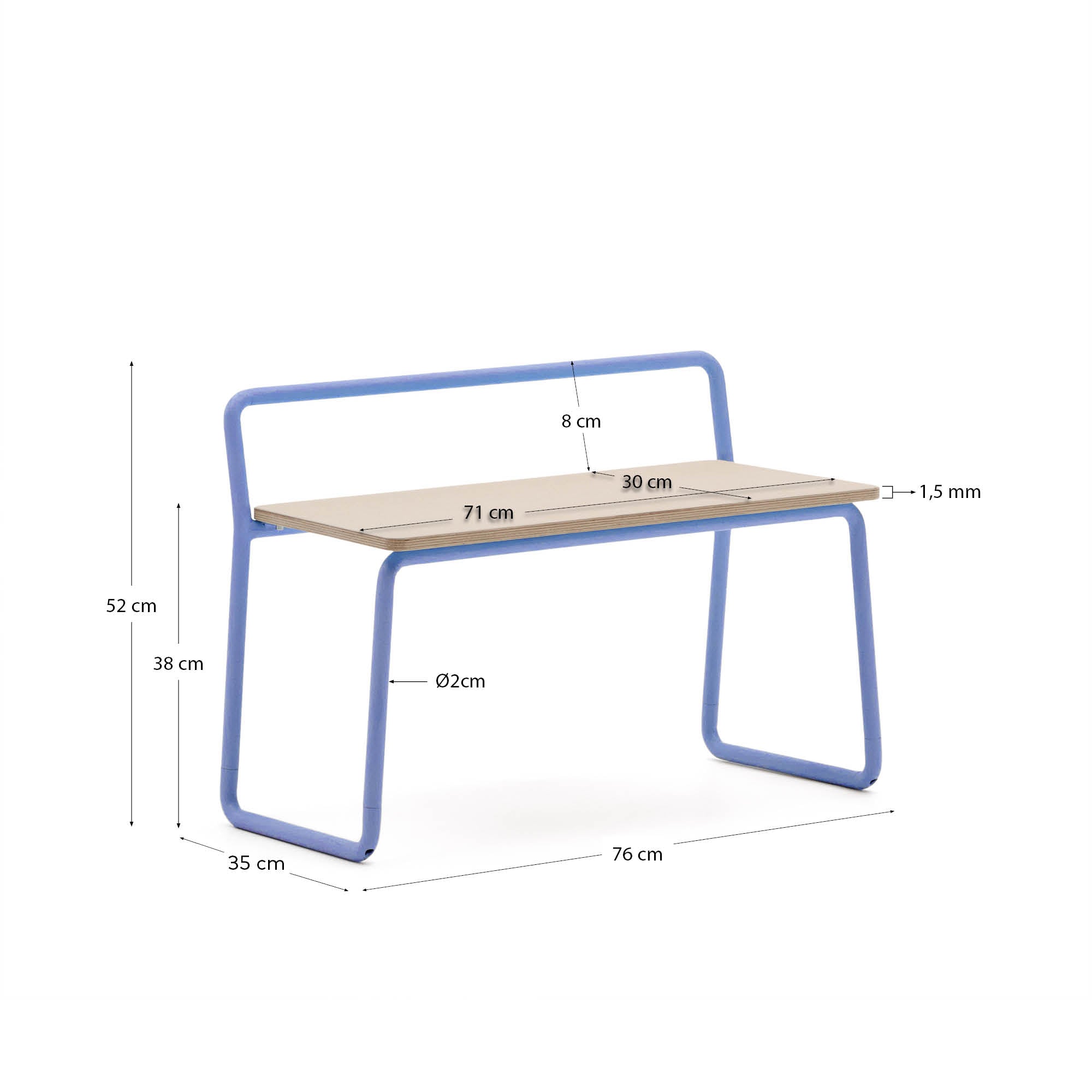 Tinn ash veneer bench with a blue metal structure, 75 cm - Measurements