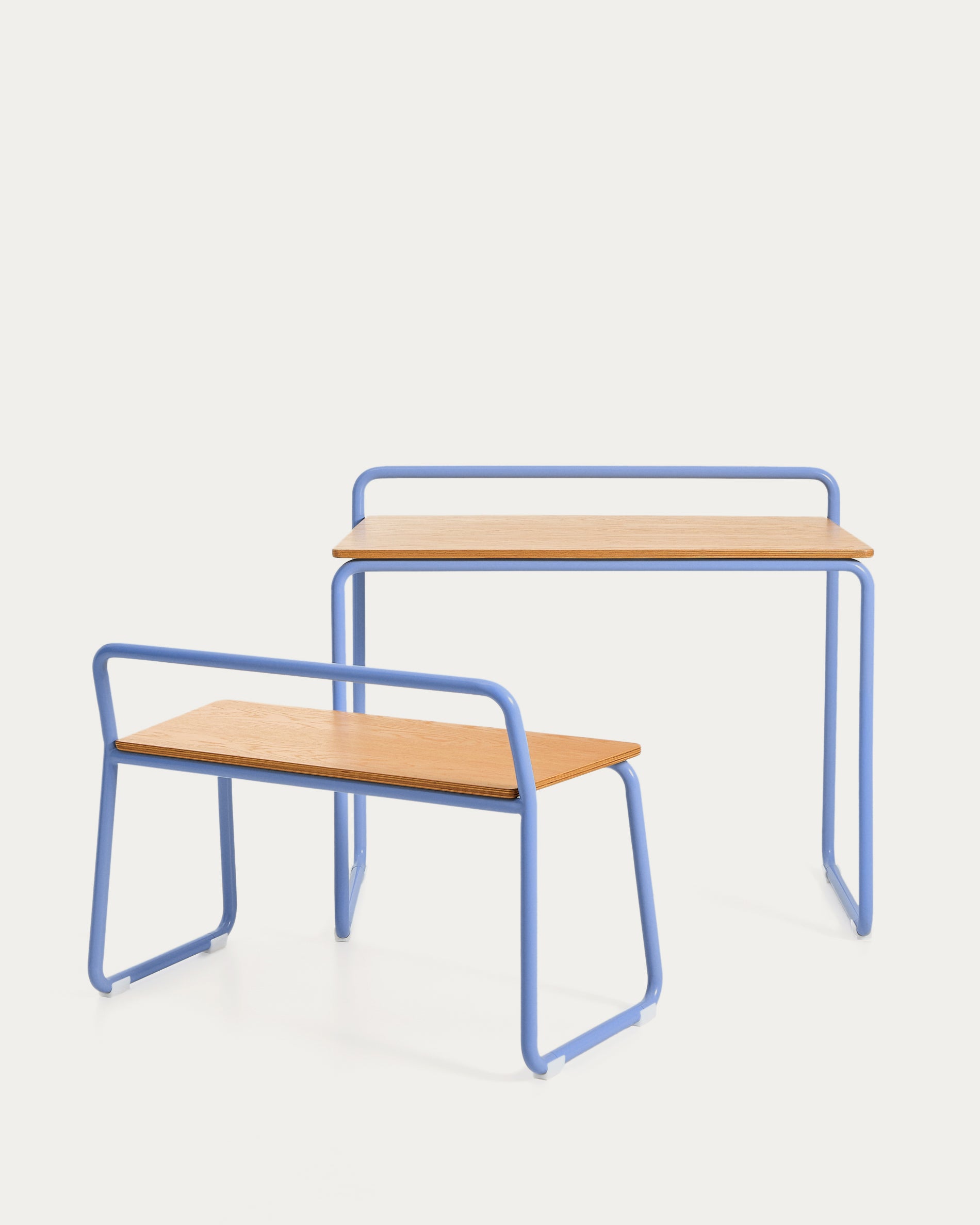 Tinn ash veneer bench with a blue metal structure, 75 cm - Product View