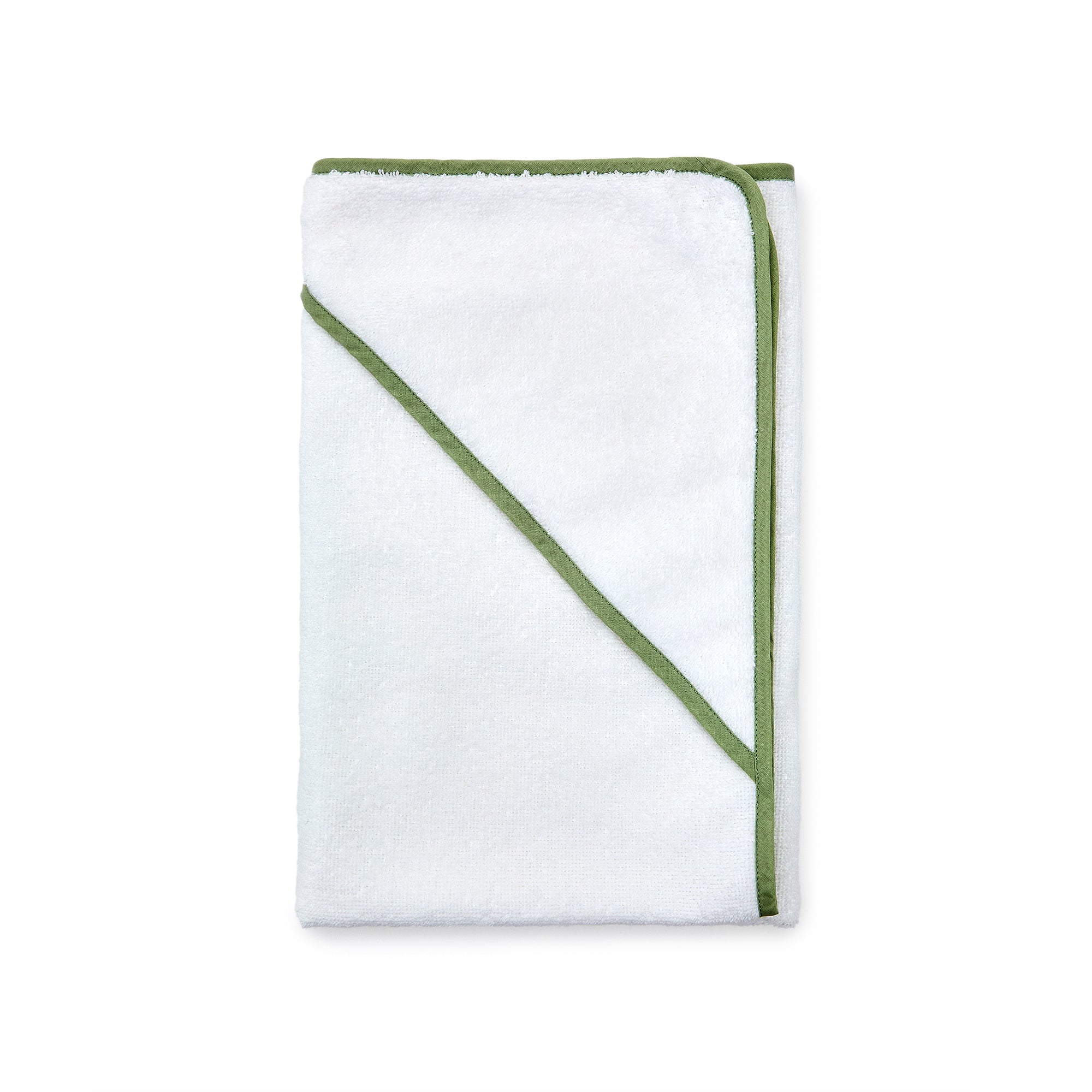 White cotton Nuni hooded towel with a green trim - Product Image
