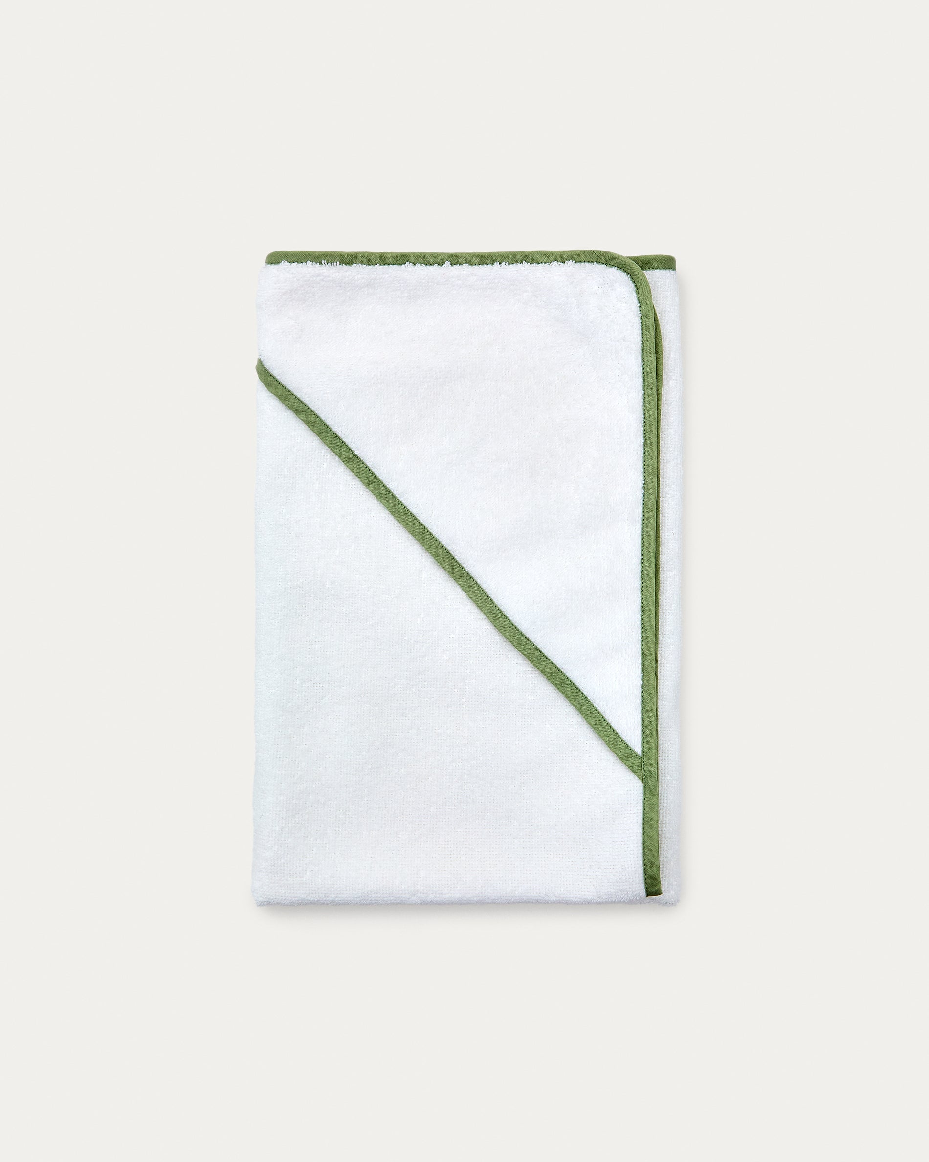 White cotton Nuni hooded towel with a green trim - Product View