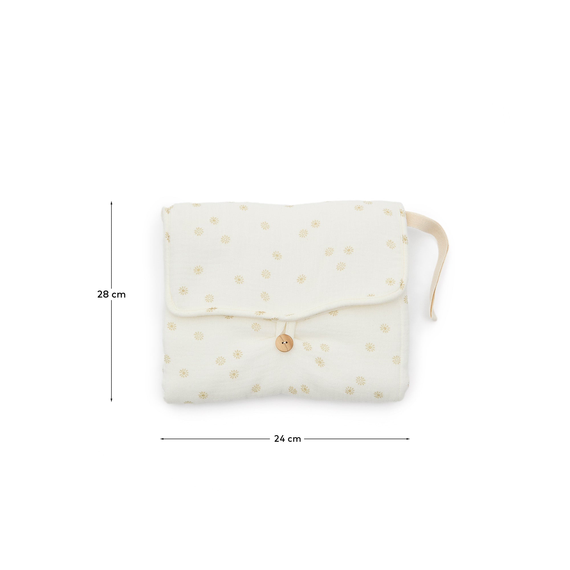 Olna travel changing mat in 100% cotton with a sun print - Measurements