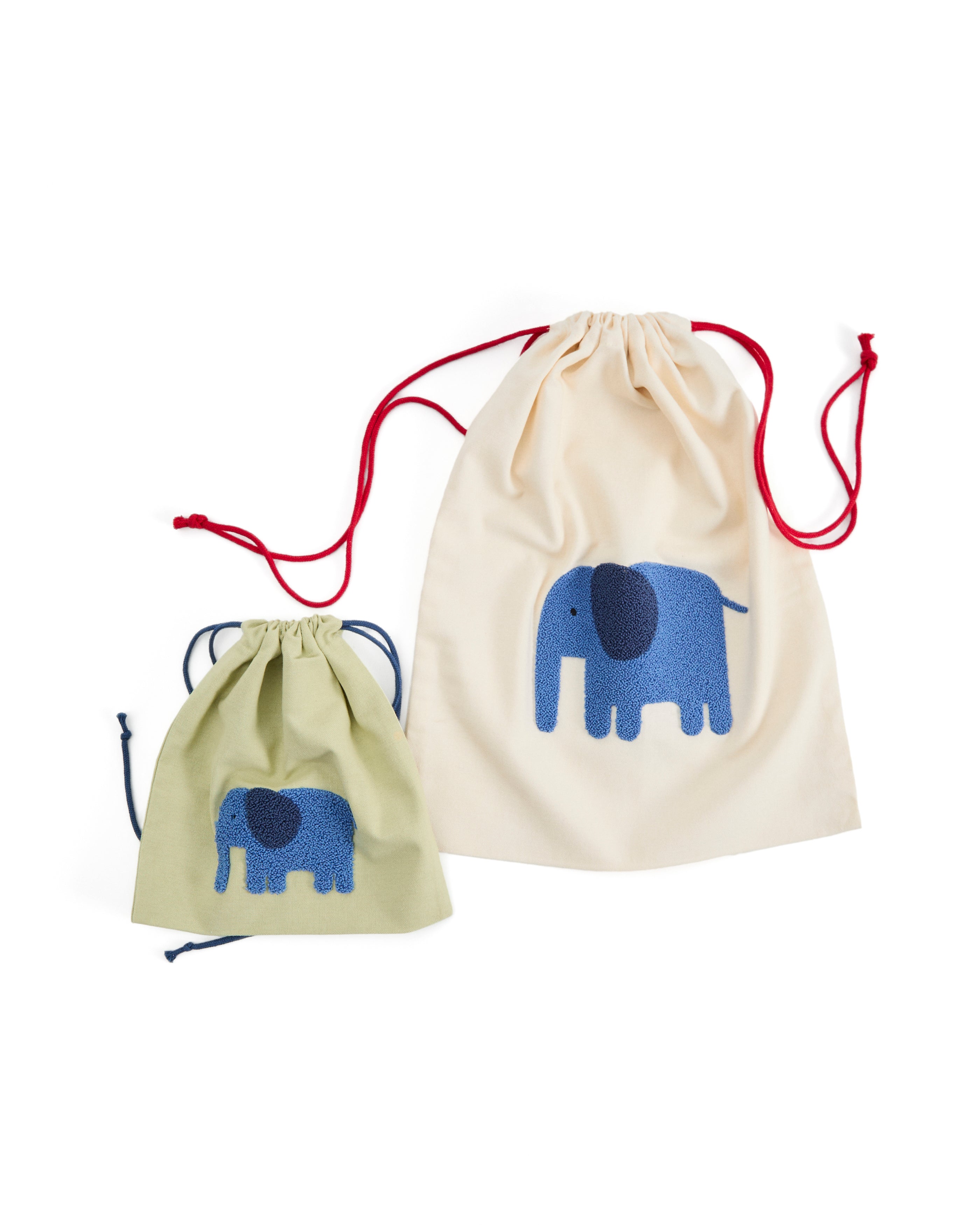 Tandani set of 2 beige and green cotton bags with embroidered blue elephant - Product Image