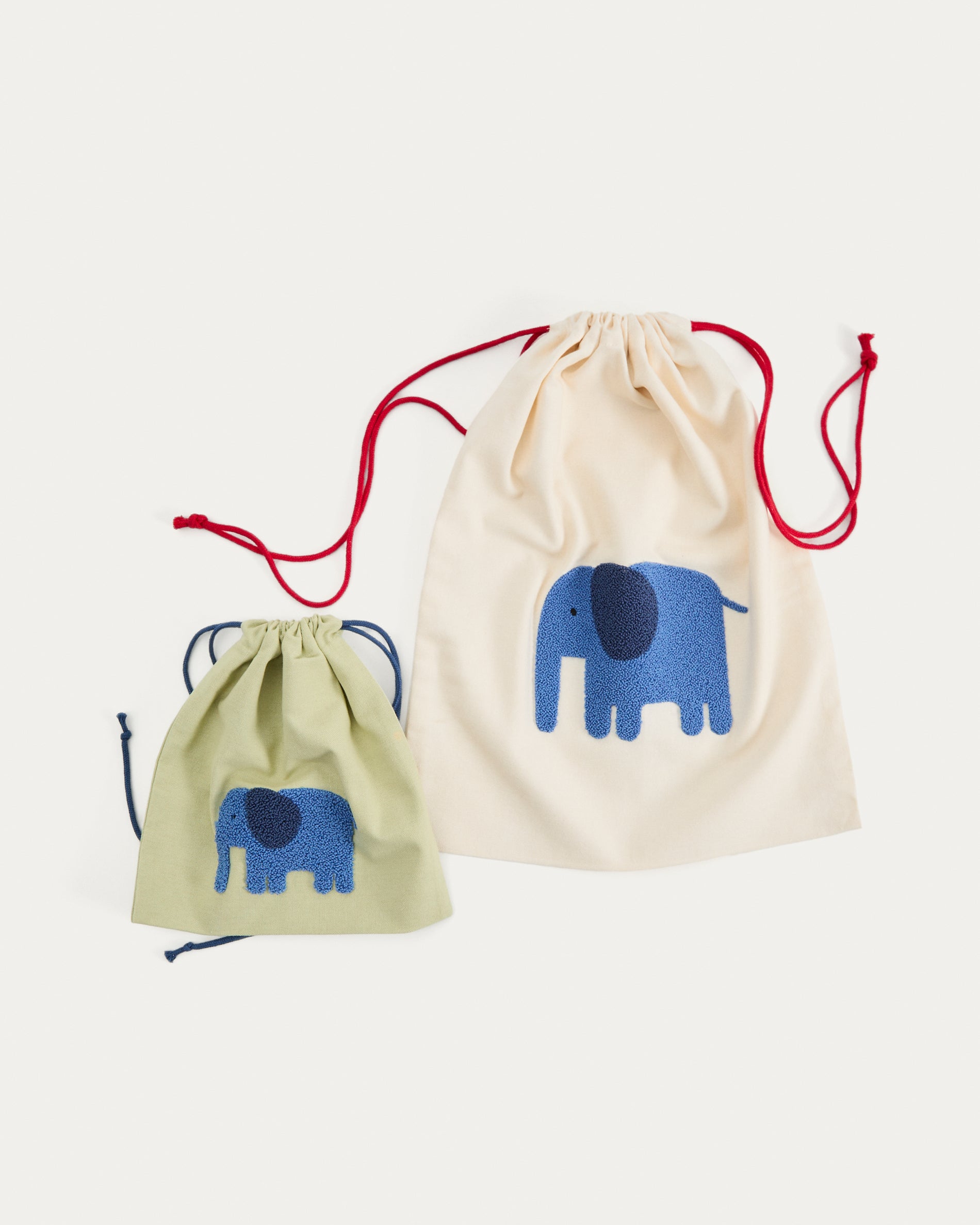 Tandani set of 2 beige and green cotton bags with embroidered blue elephant - Product View