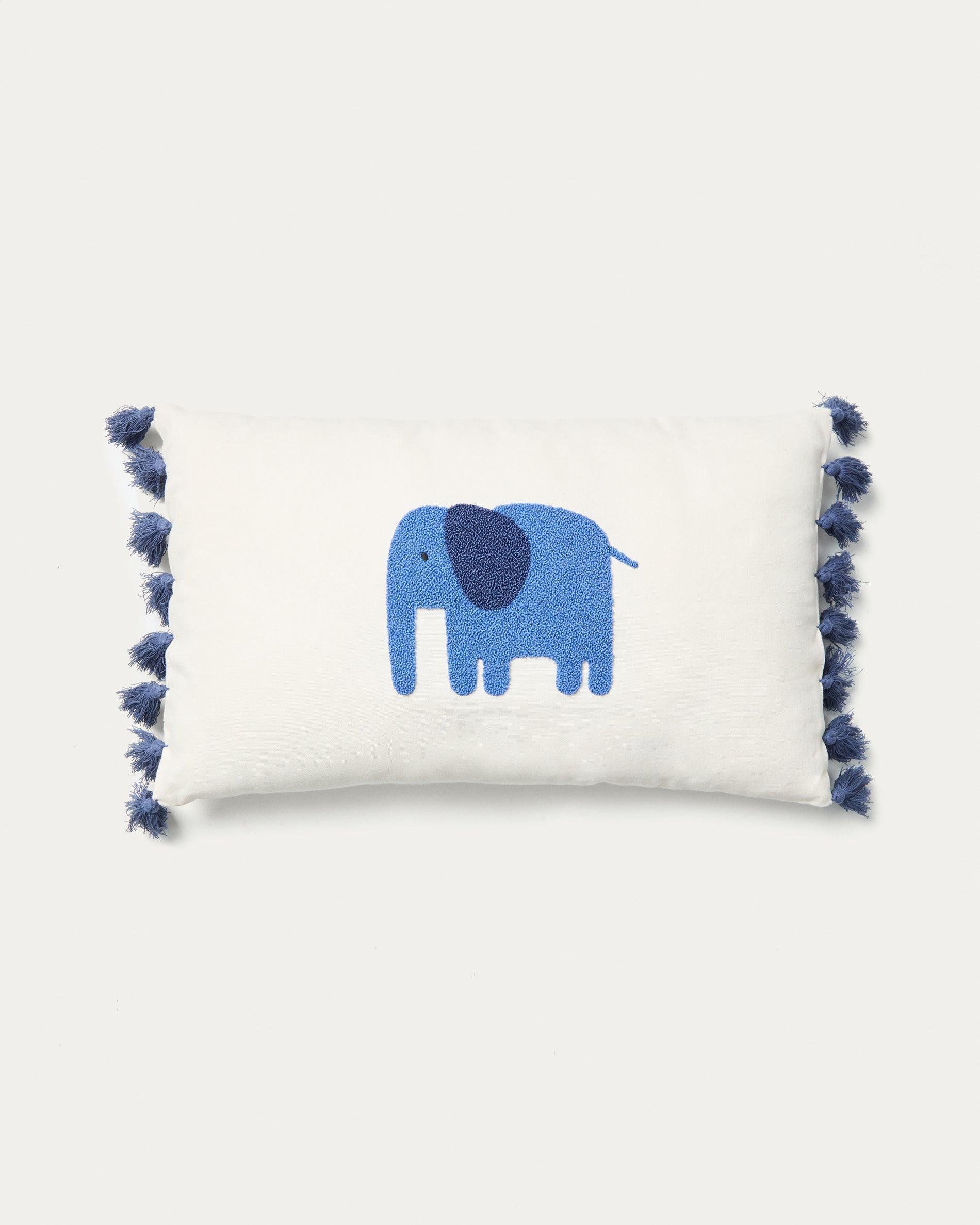 Tandani beige cotton cushion cover with embroidered blue elephant 30 x 50cm - Product View