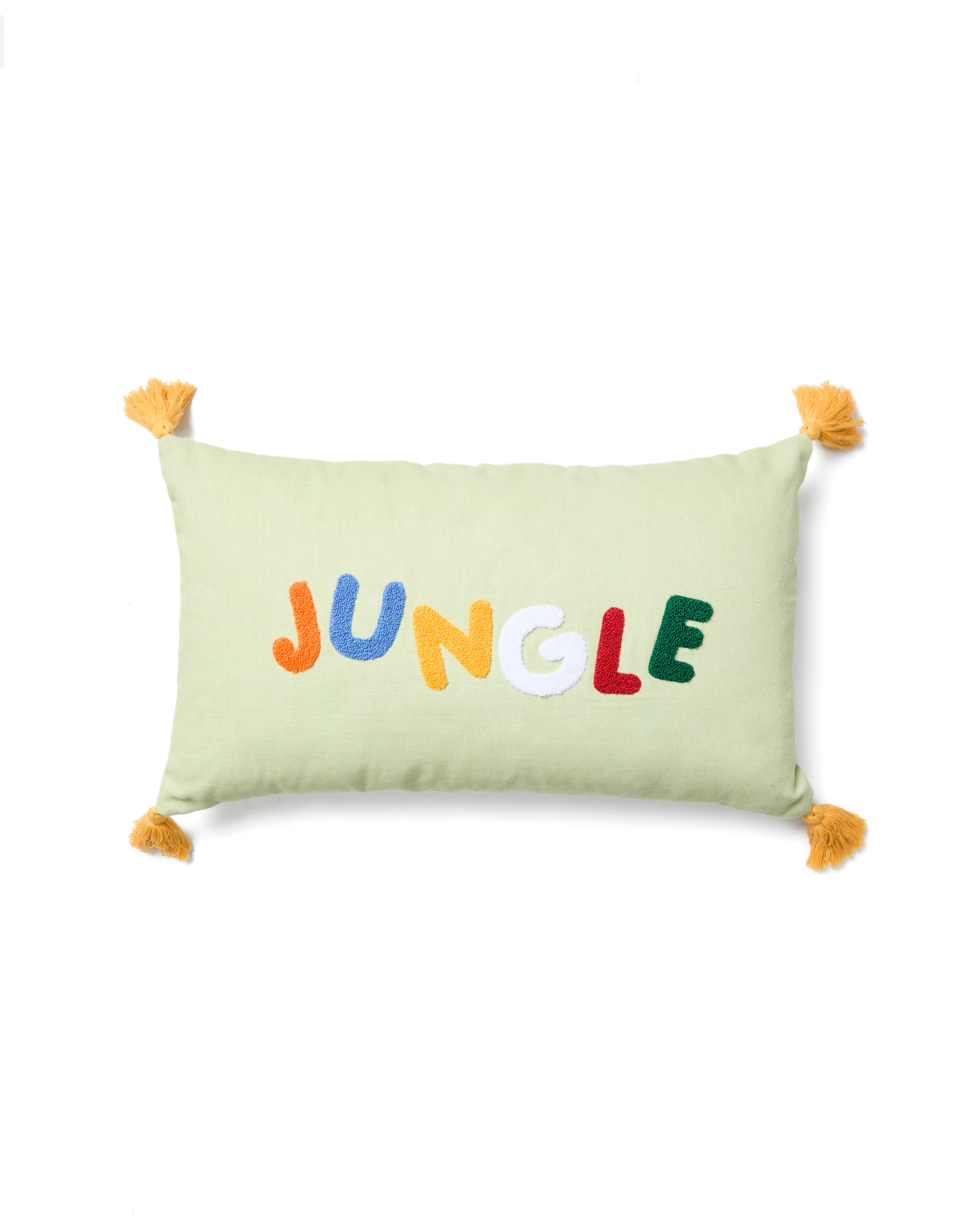 Tandani green cotton cushion cover with multicoloured embroidered lettering 30 x 50cm - Product Image