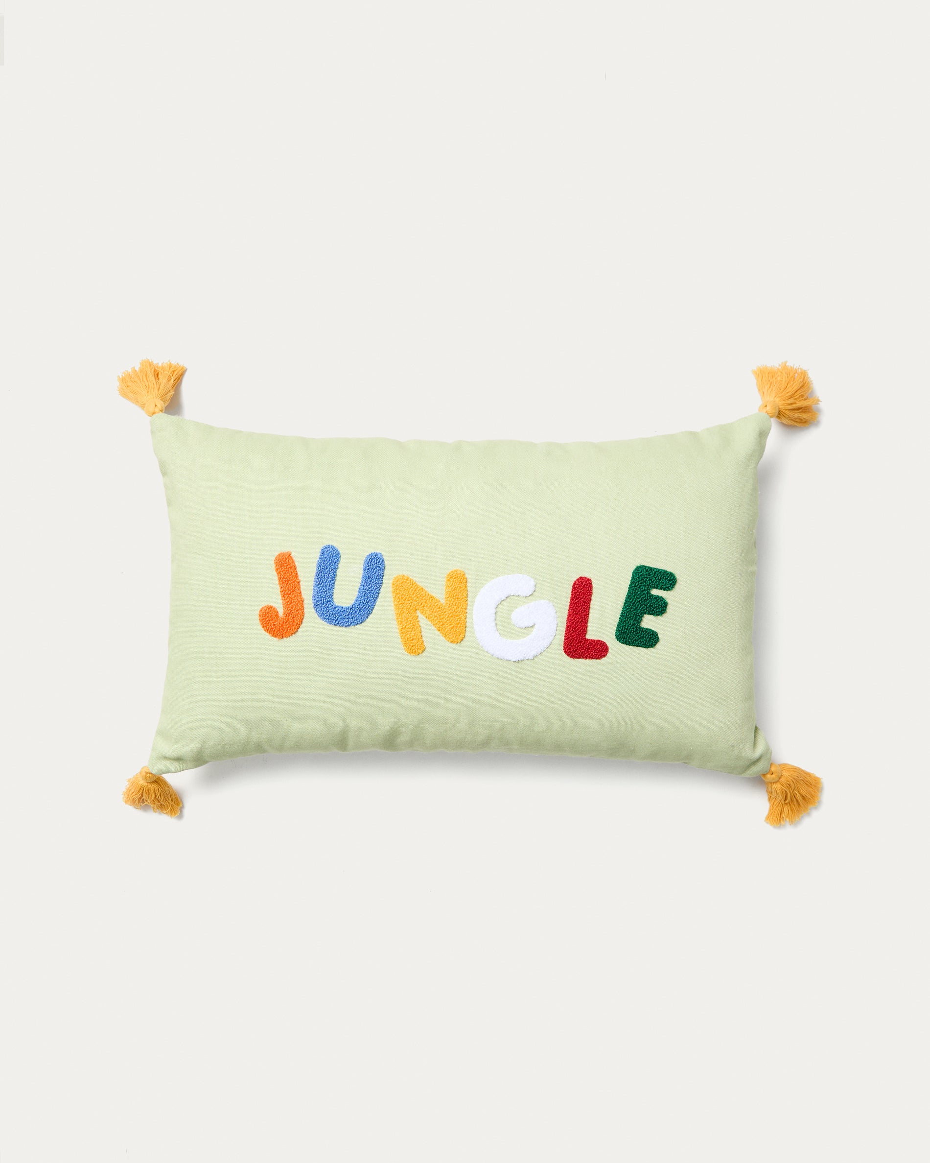 Tandani green cotton cushion cover with multicoloured embroidered lettering 30 x 50cm - Product View