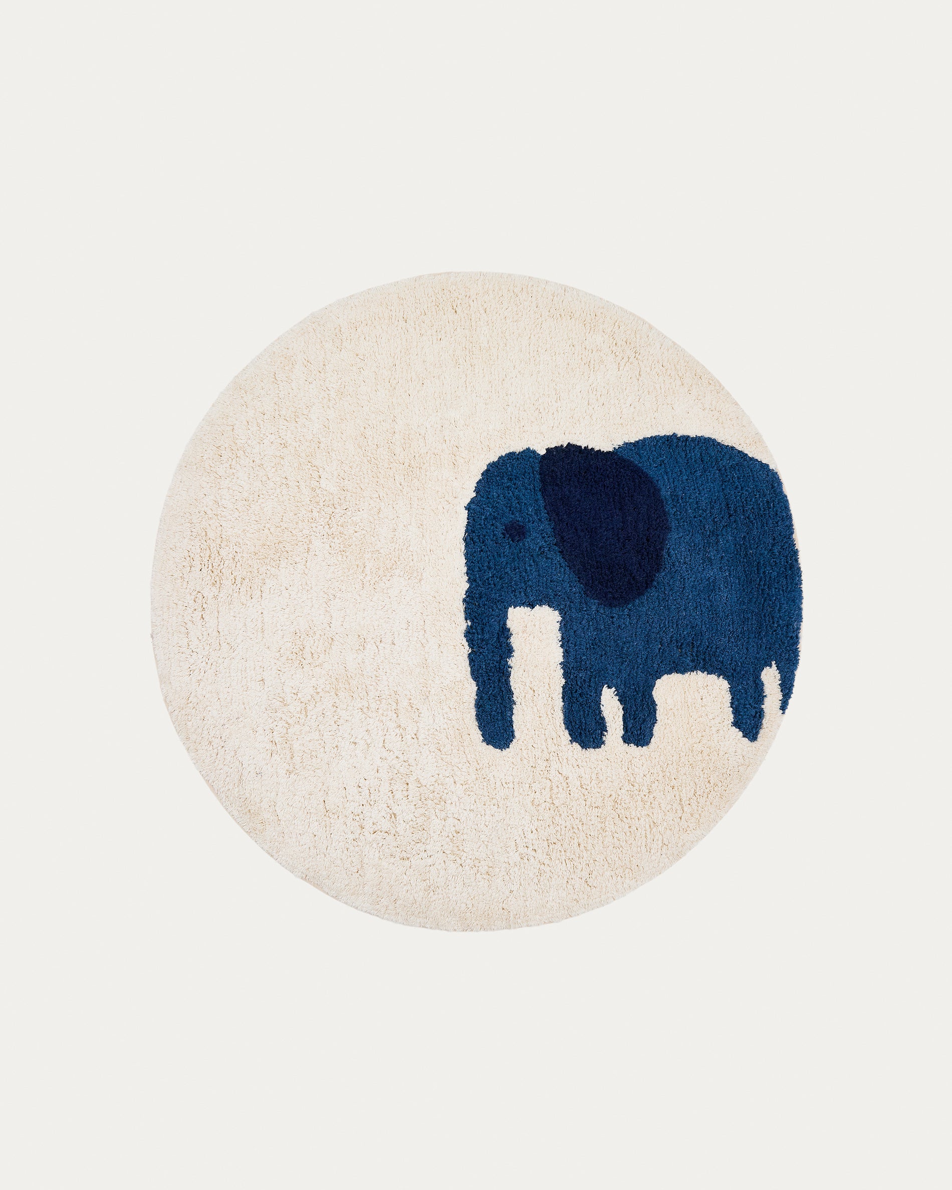Tandani beige cotton round rug with blue elephant Ø 100cm - Product View