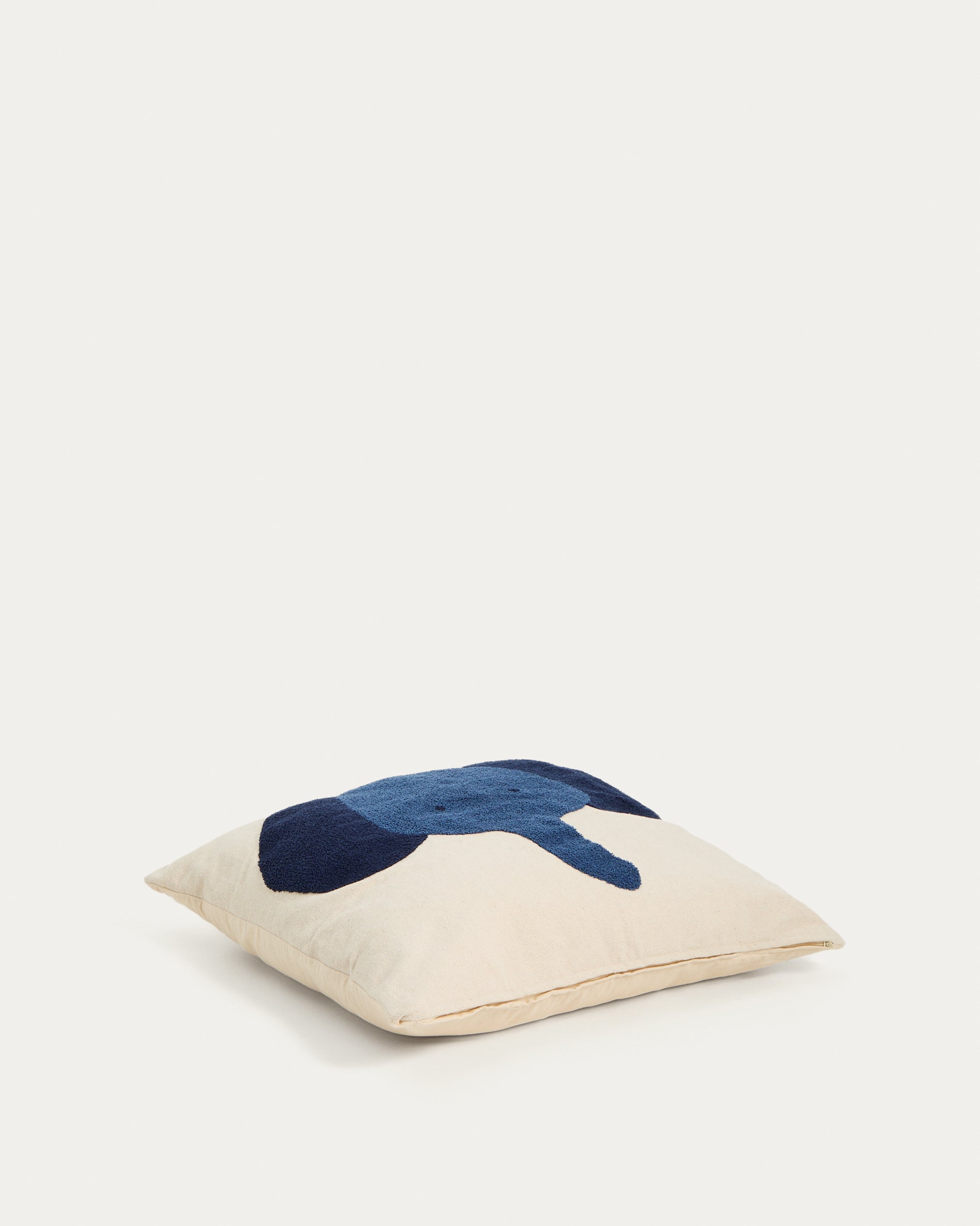 Tandani beige cotton floor cushion with blue elephant 70 x 70cm - Product View