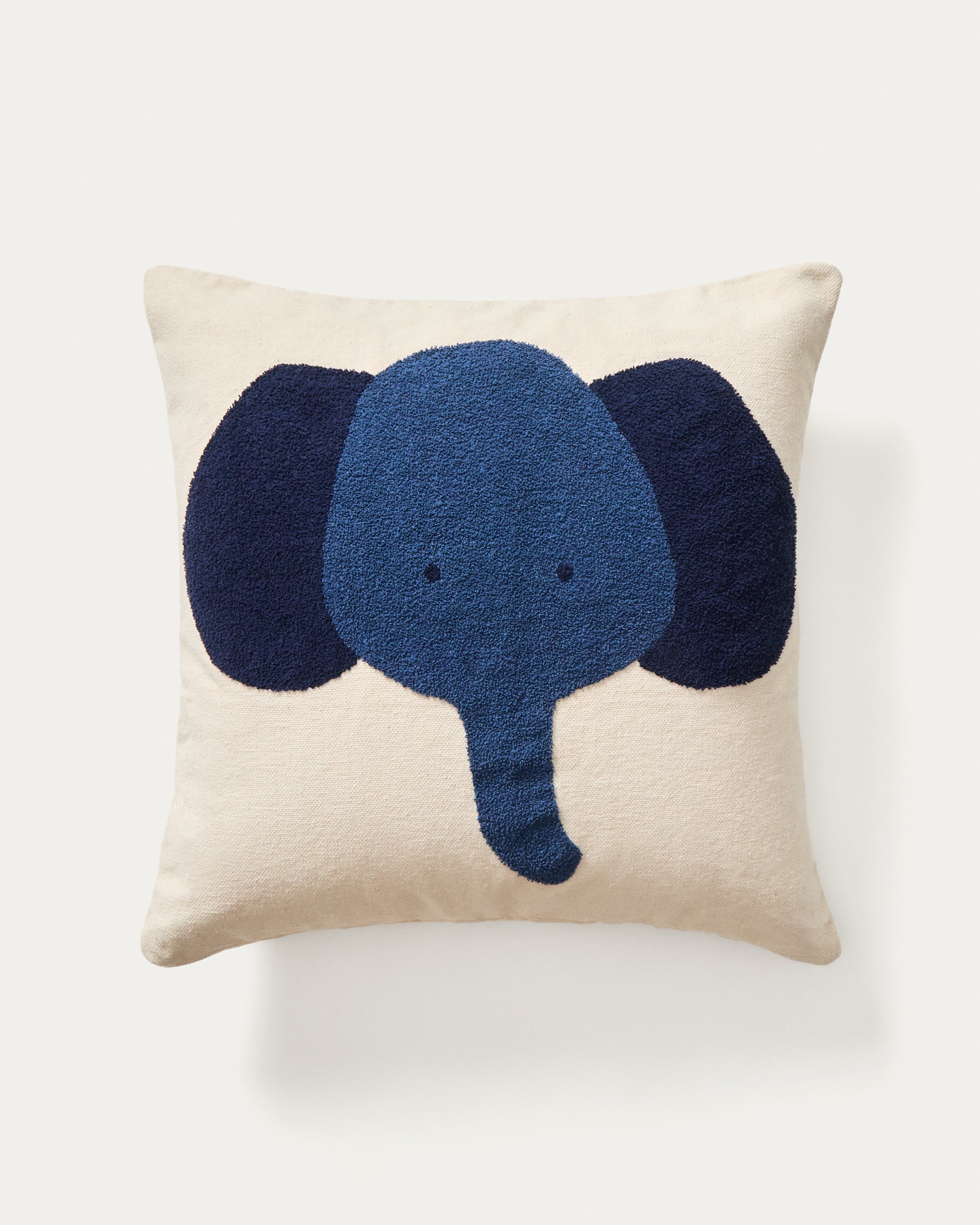 Tandani beige cotton floor cushion with blue elephant 70 x 70cm - Product View