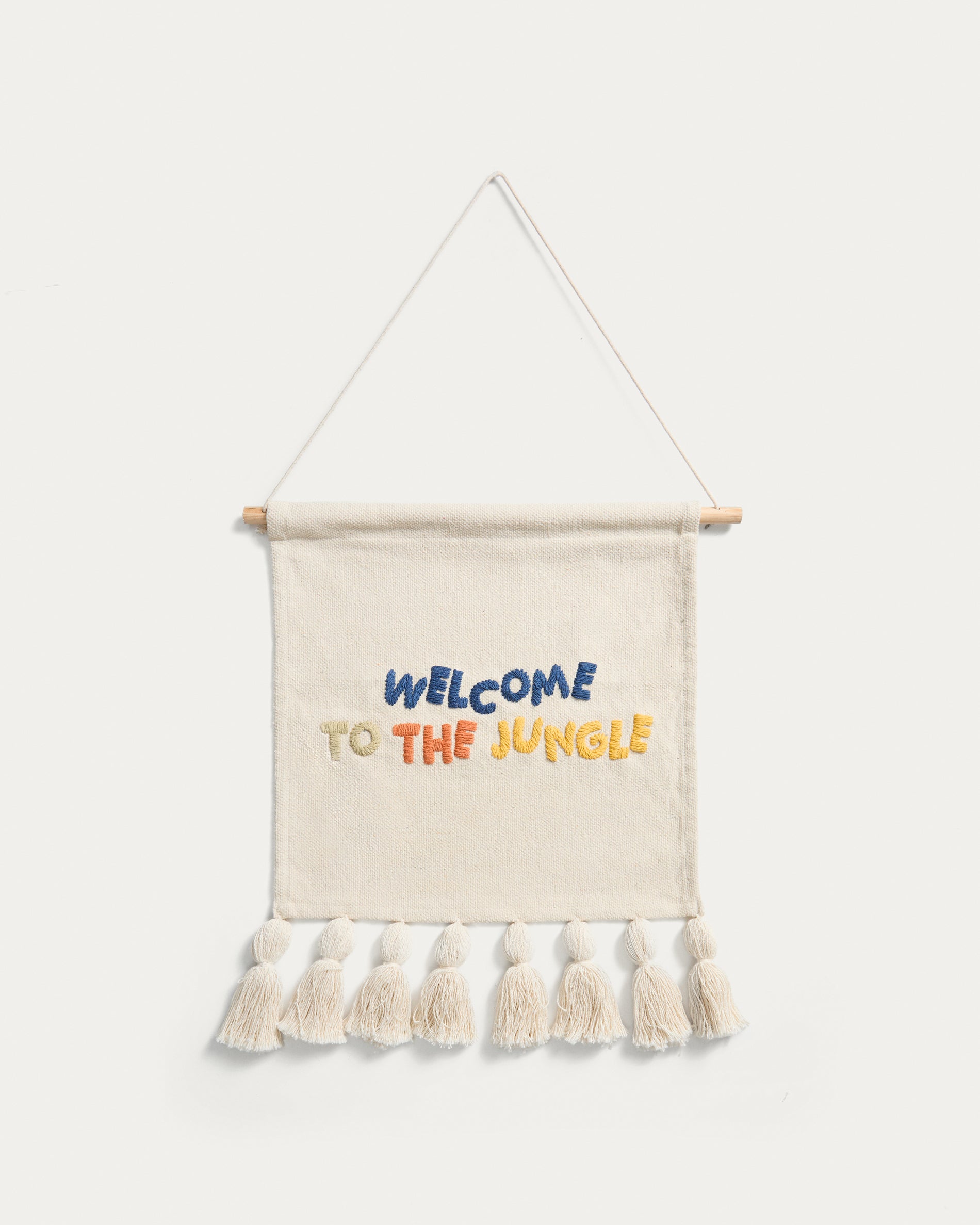 Tandani beige cotton wall tapestry with multicoloured letters and fringing 40 x 50cm - Product View