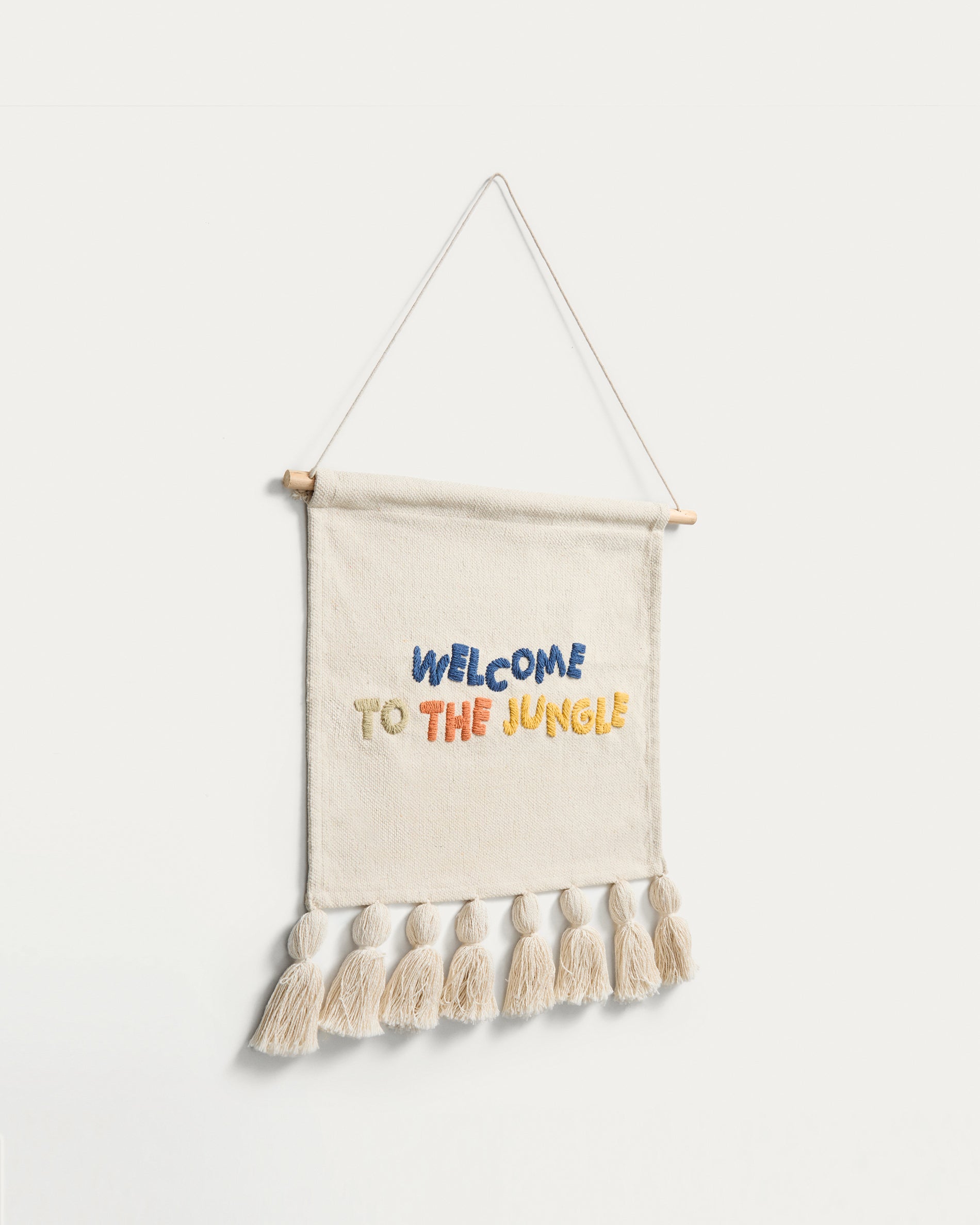 Tandani beige cotton wall tapestry with multicoloured letters and fringing 40 x 50cm - Product View