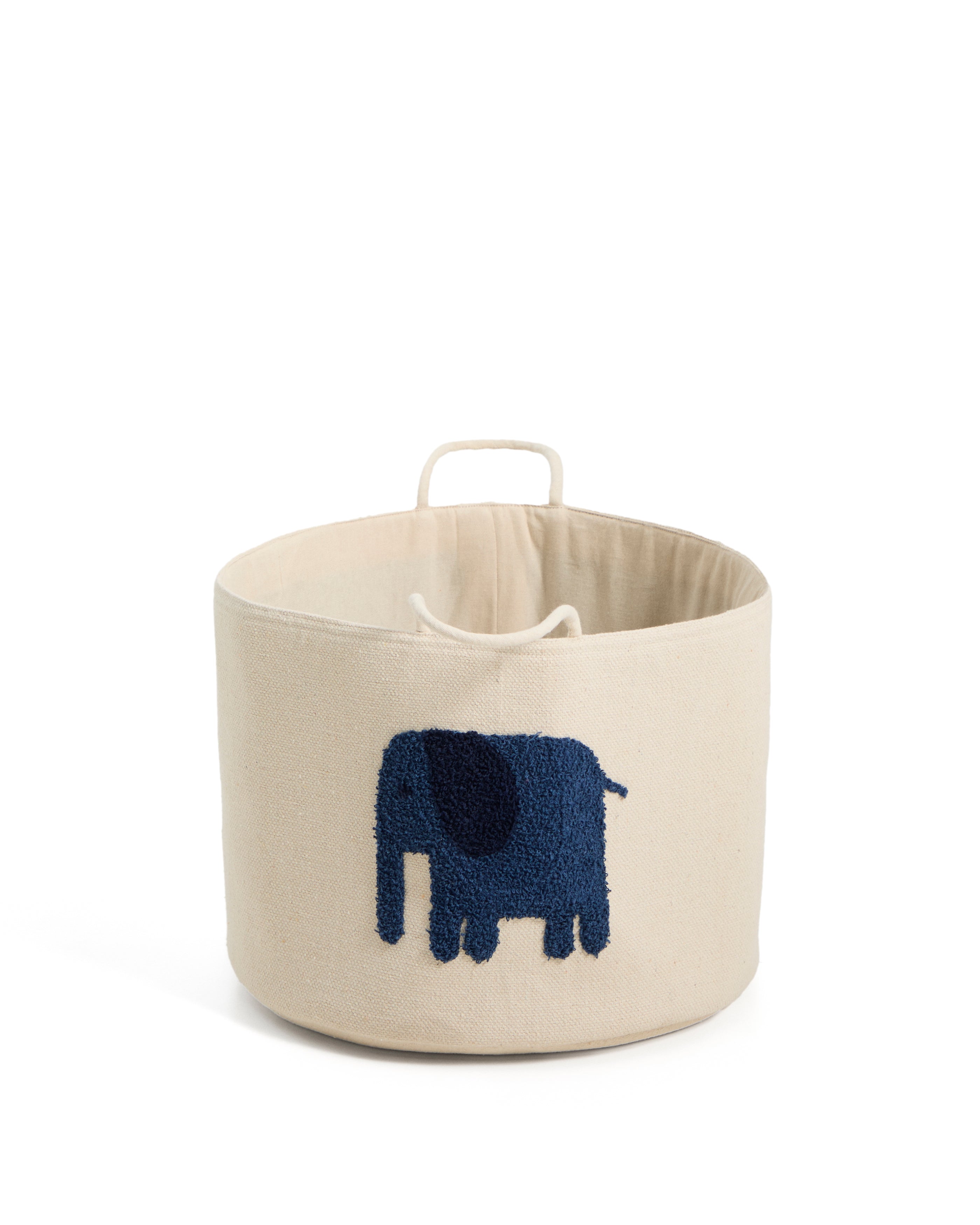 Tandani beige cotton basket with blue elephant 30cm - Product Image