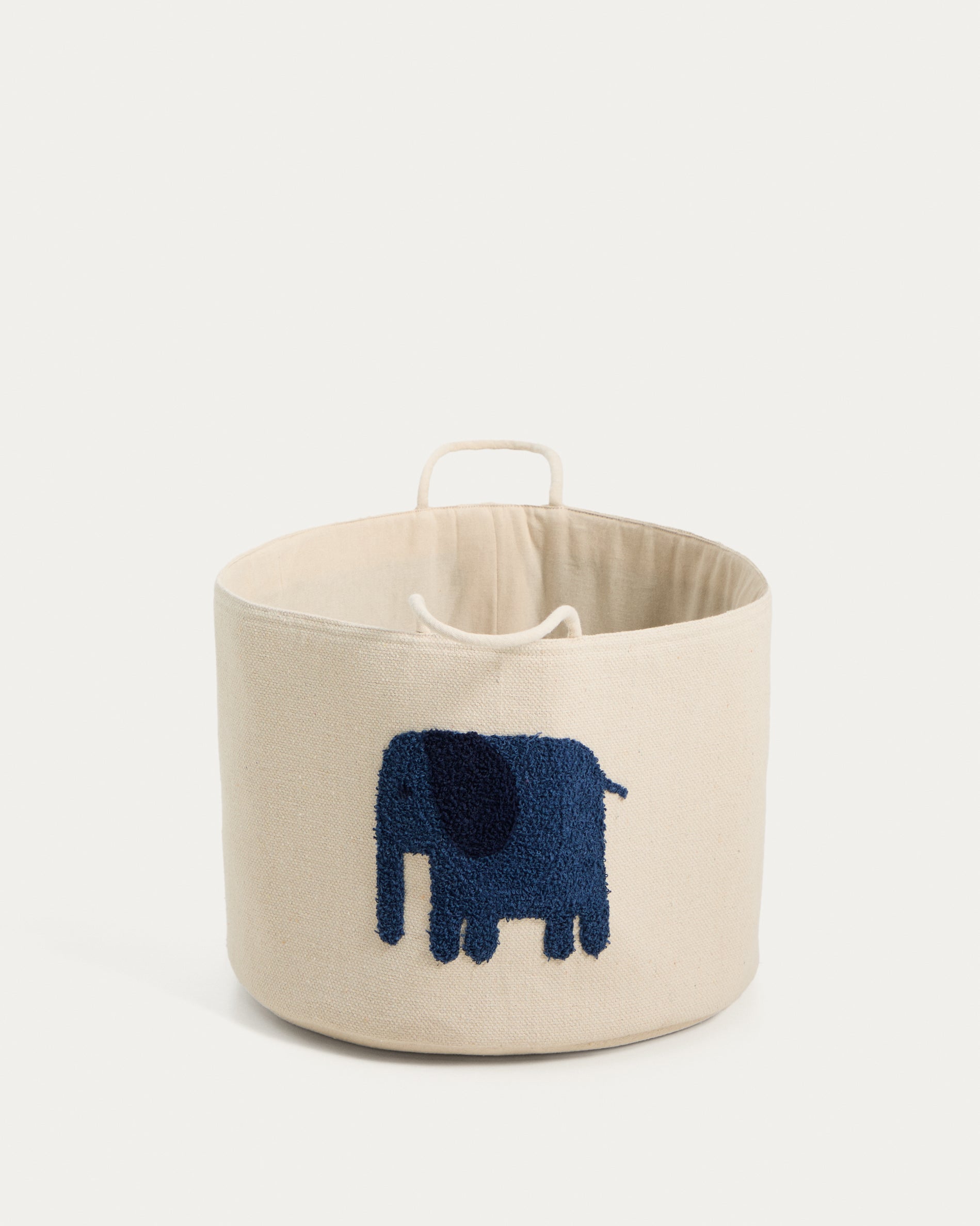 Tandani beige cotton basket with blue elephant 30cm - Product View