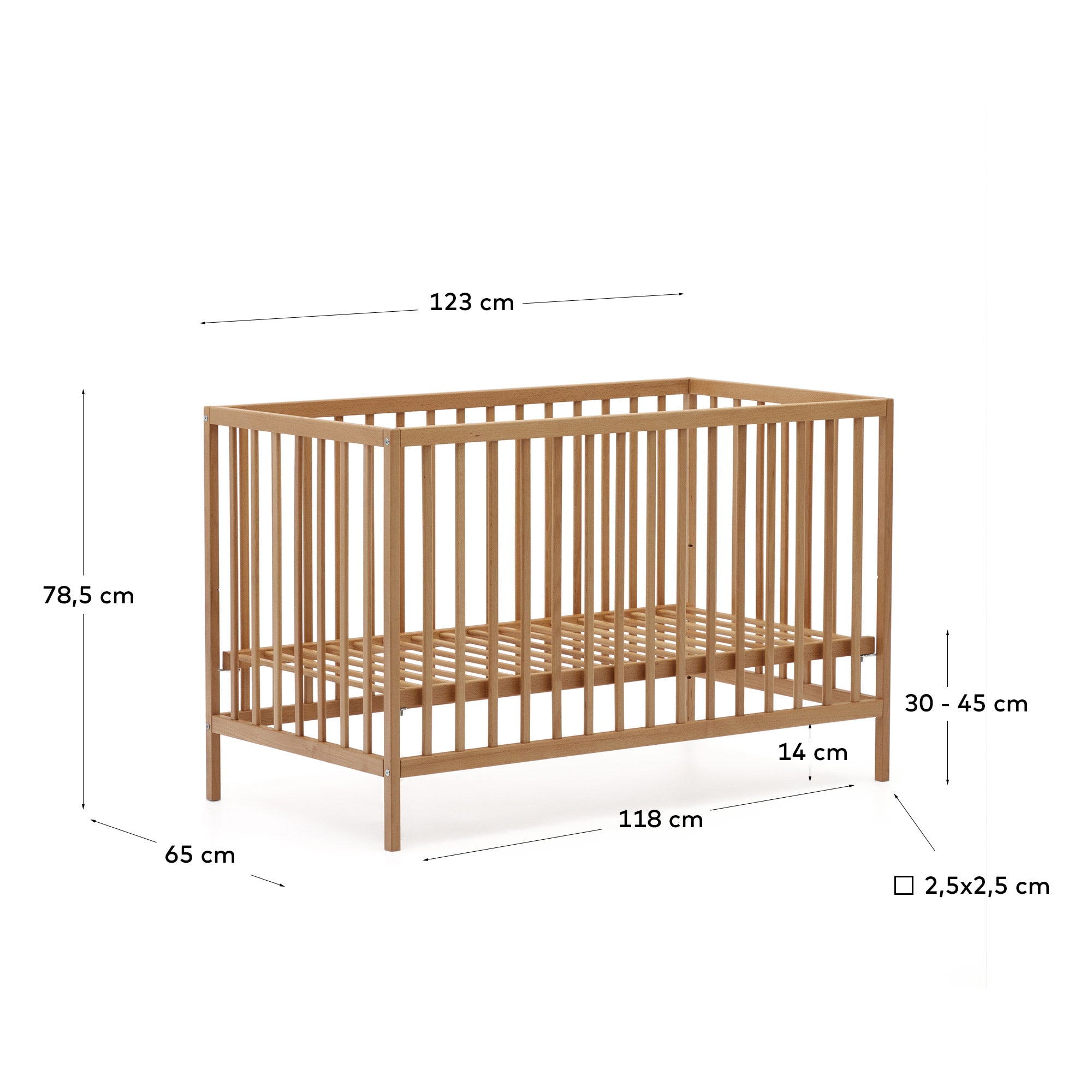 Shantal solid ash wood cot in natural finish, 60 x 120 cm - Measurements