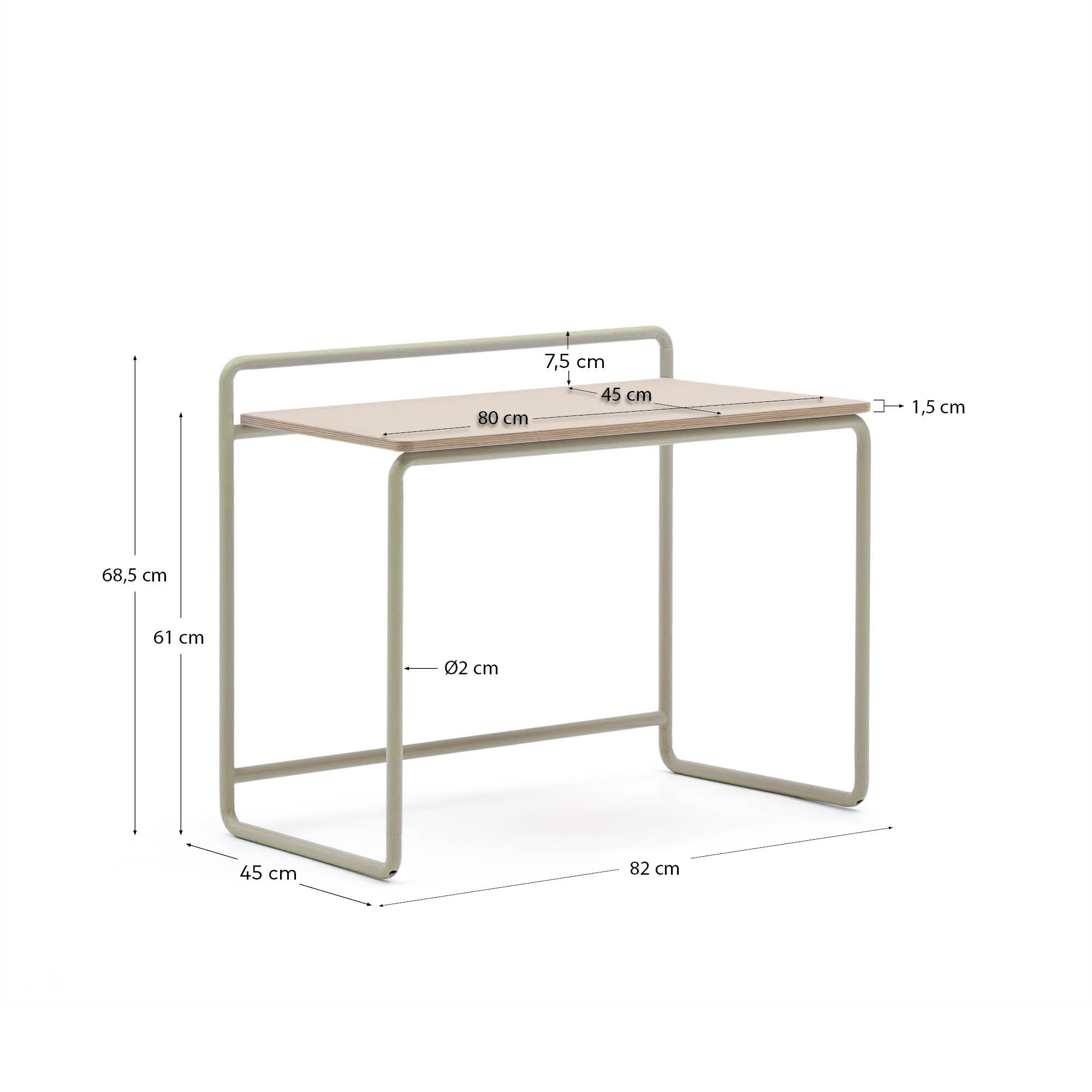 Tinn ash veneer desk with a beige metal structure, 82 x 45 cm - Measurements