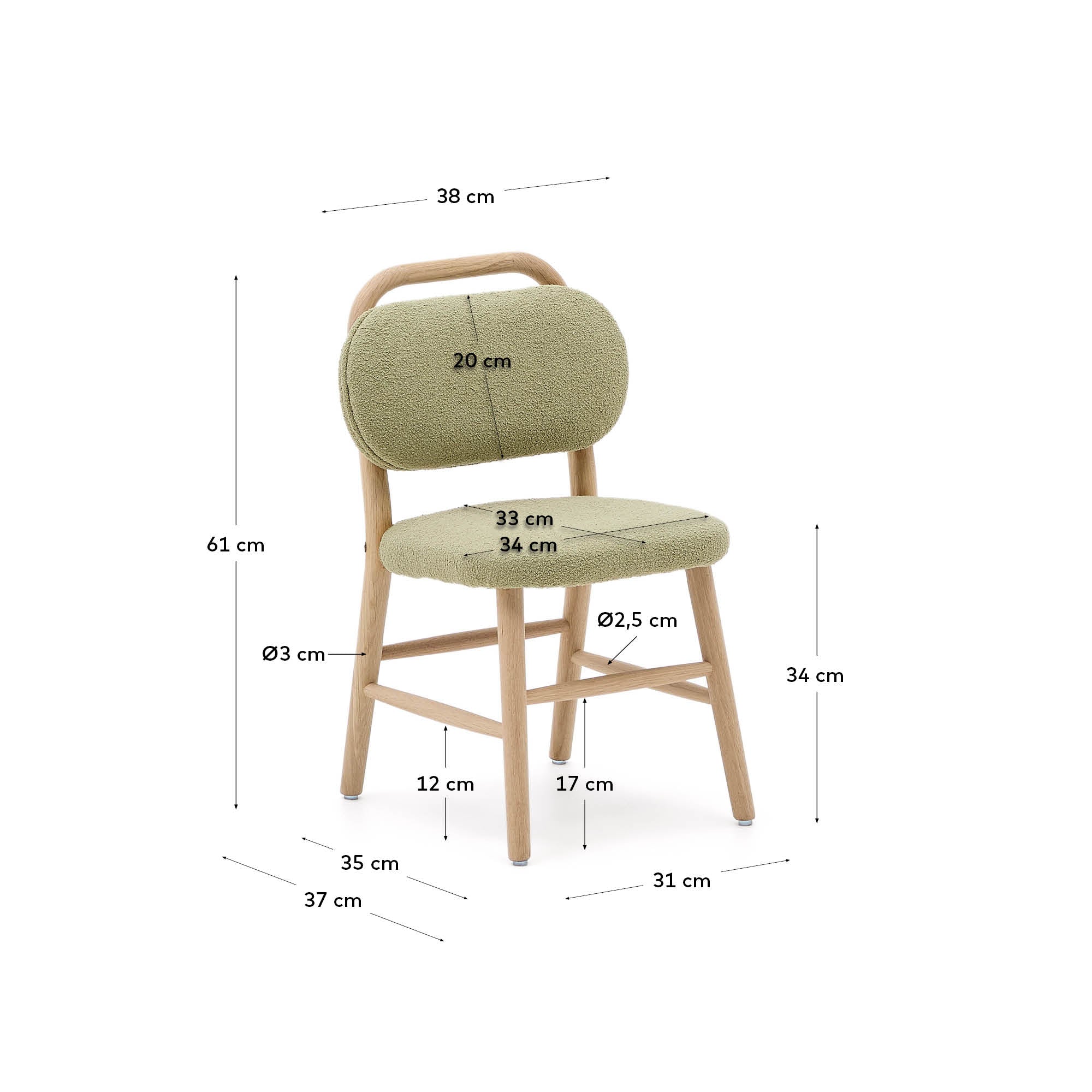 Helda child’s chair in green bouclé and solid oak wood FSC Mix Credit - Measurements