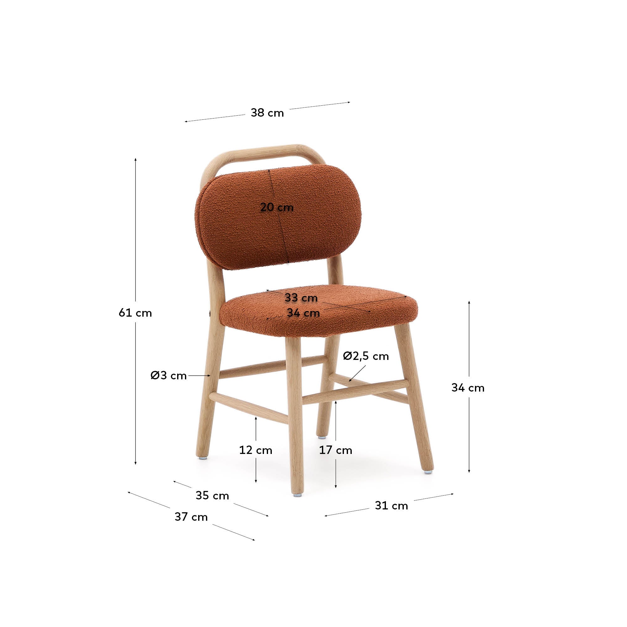 Helda child’s chair in terracotta bouclé and solid oak wood FSC Mix Credit - Measurements