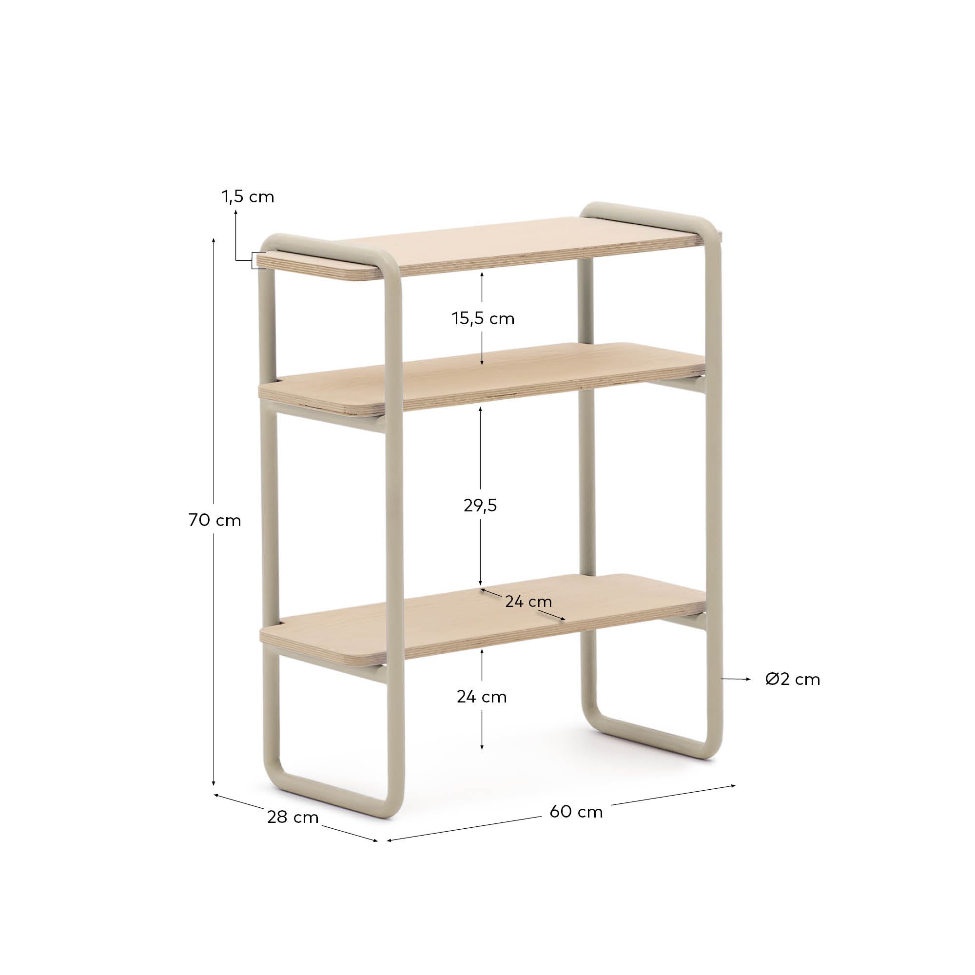 Tinn ash veneer shelf with a beige metal structure, 70 x 60 cm - Measurements