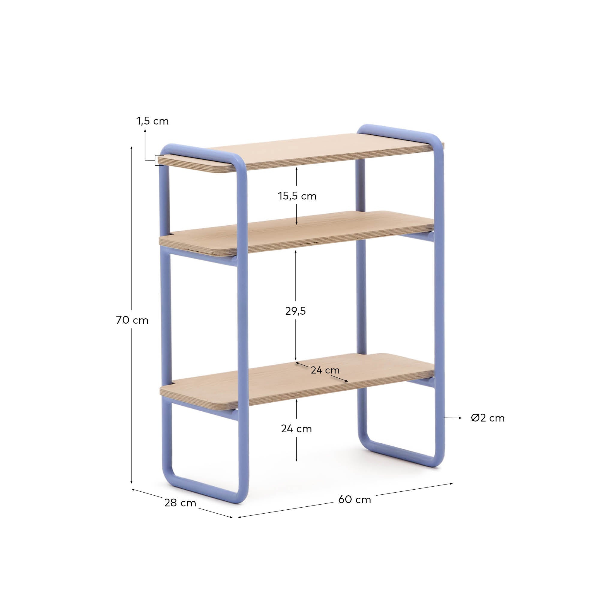 Tinn ash veneer shelf with a blue metal structure, 70 x 60 cm - Measurements