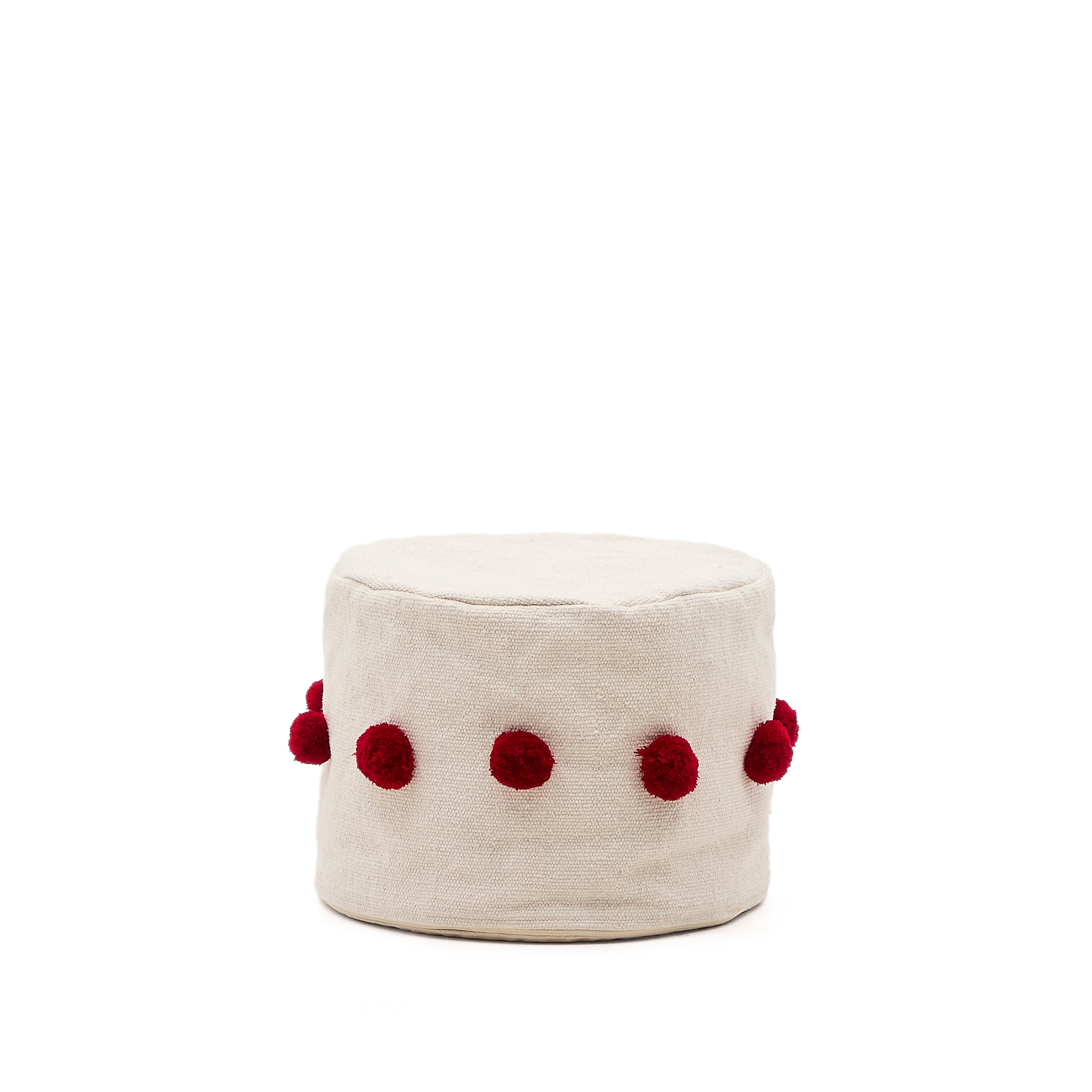 Manua beige, cotton pouffe with red tassels, Ø 40 cm - Product Image