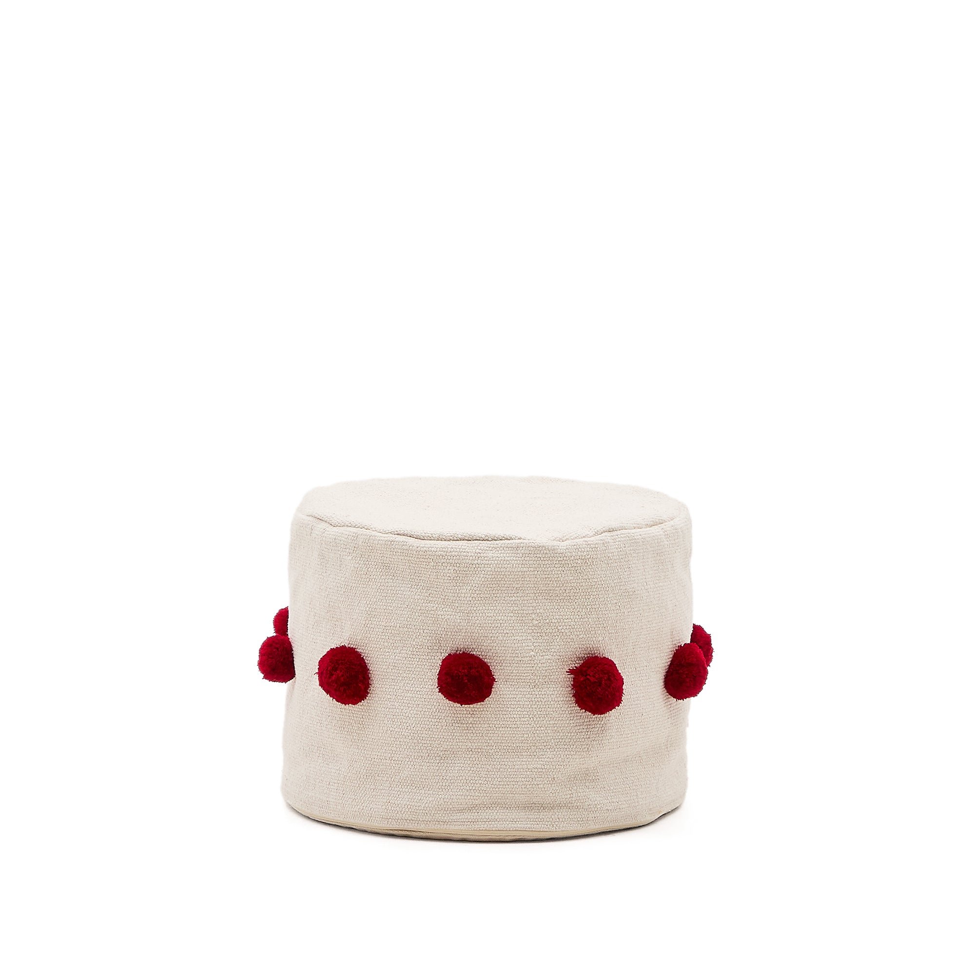 Manua beige, cotton pouffe with red tassels, Ø 40 cm - Product Image