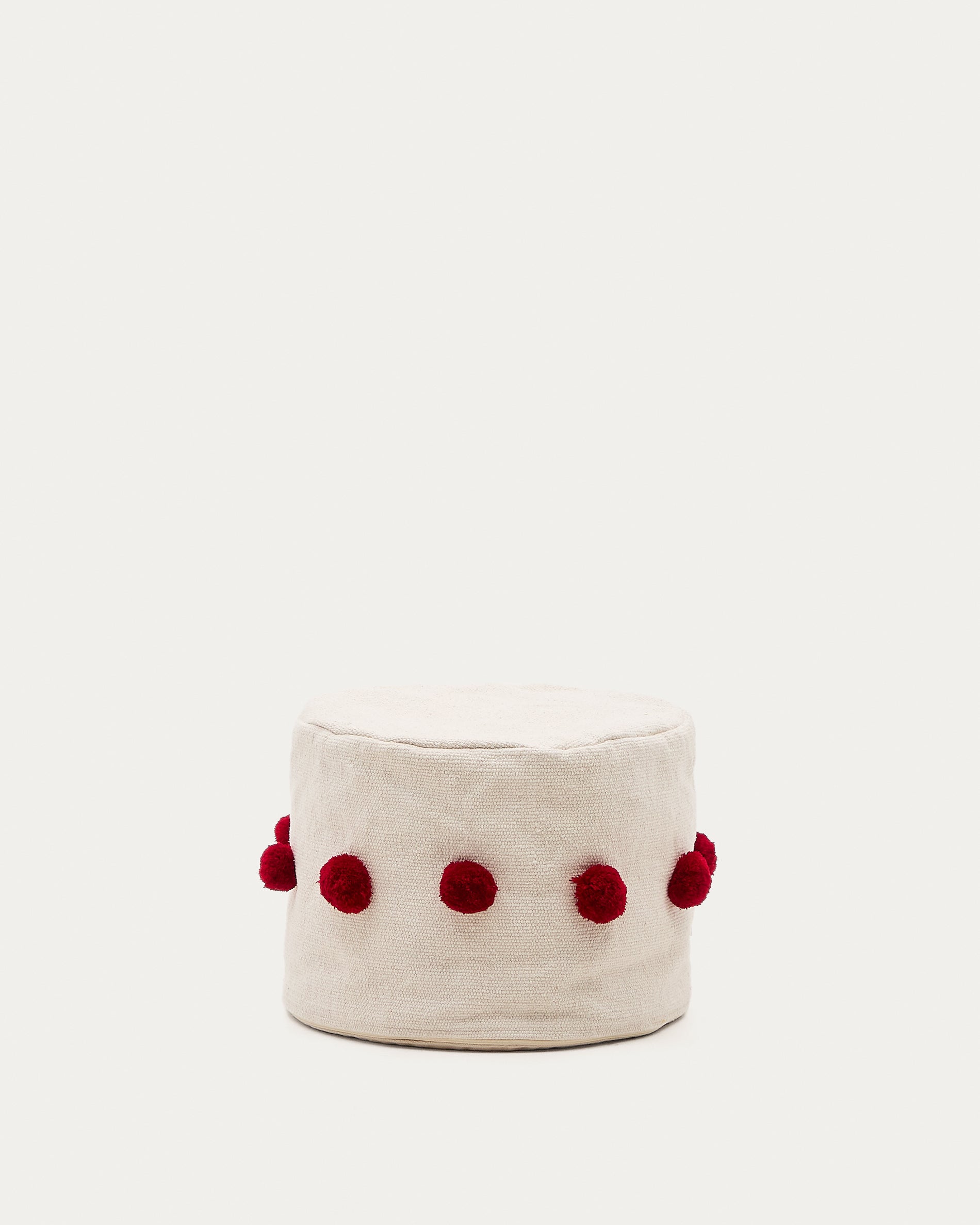Manua beige, cotton pouffe with red tassels, Ø 40 cm - Product View