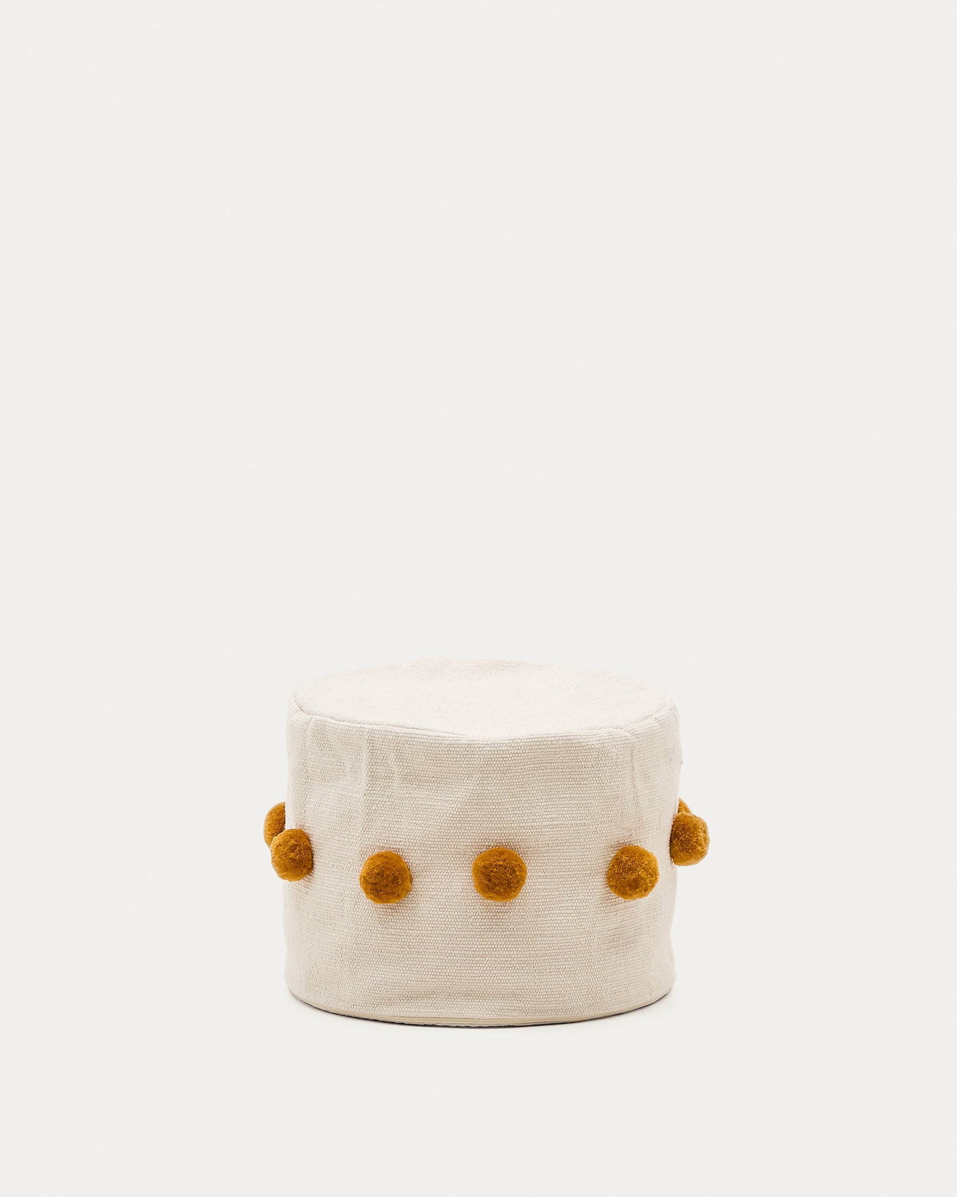 Manua beige, cotton pouffe with mustard-coloured tassels, Ø 40 cm - Product View