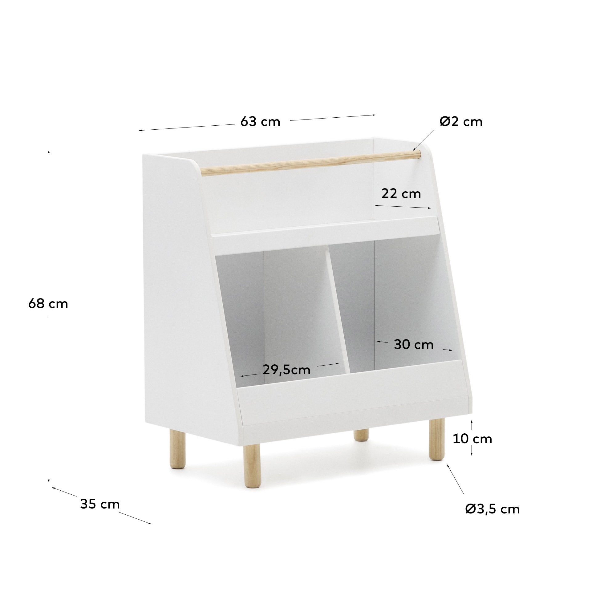 Serwa bookcase in white MDF with solid pine legs and bar - Measurements