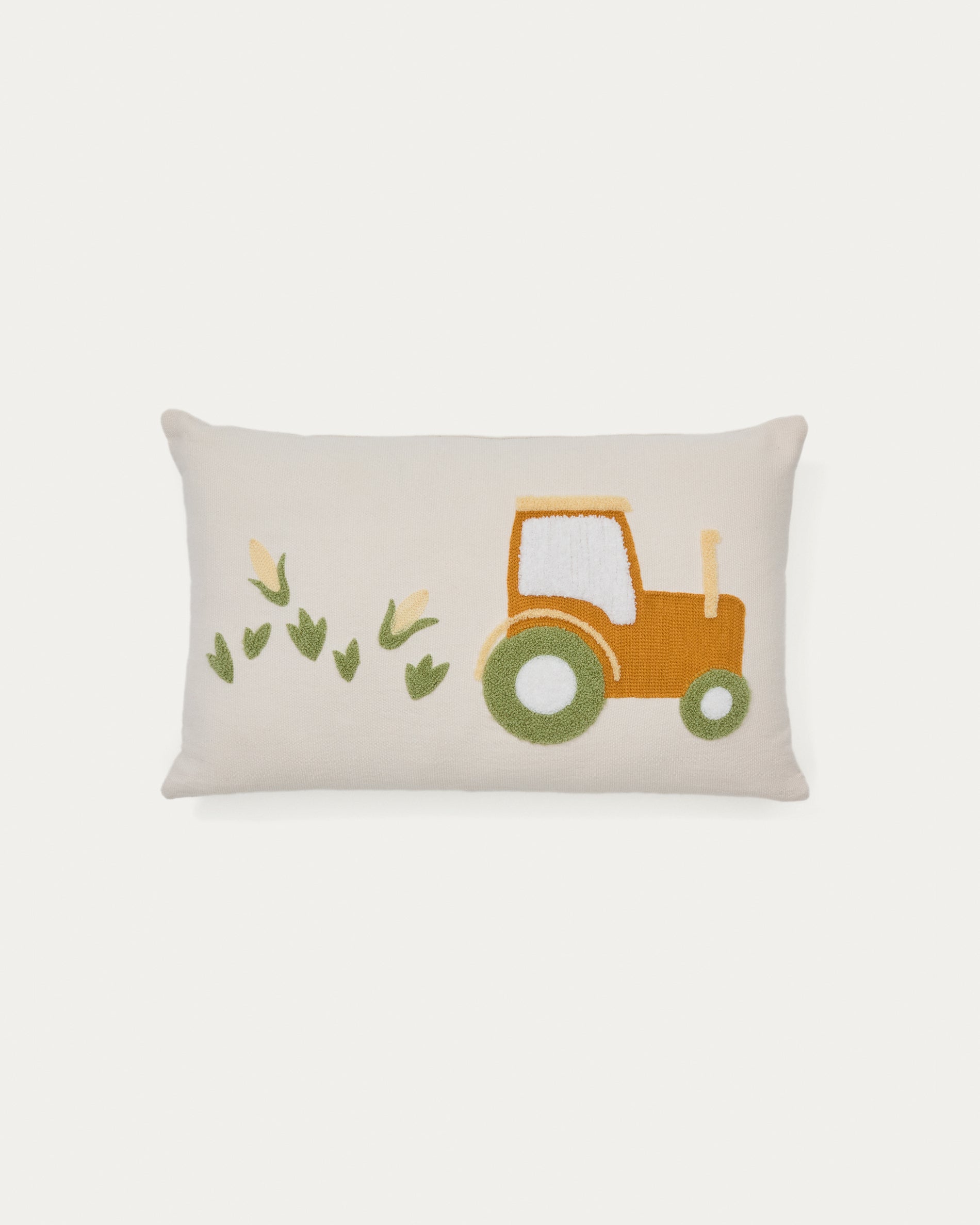 Pecky cushion cover in beige cotton with a tractor embroidery feature, 30 x 50 cm - Product View
