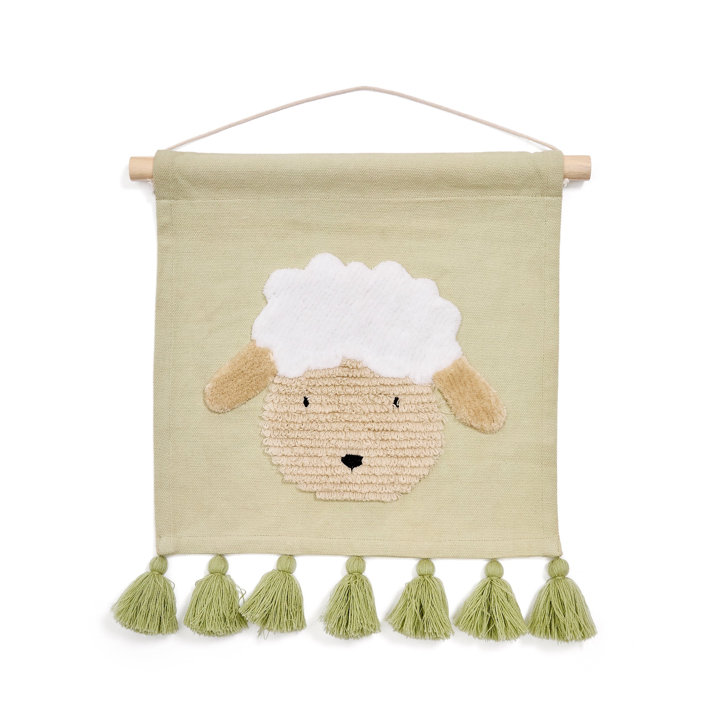 Milu wall tapestry in green cotton with a sheep and green tassels - Product Image