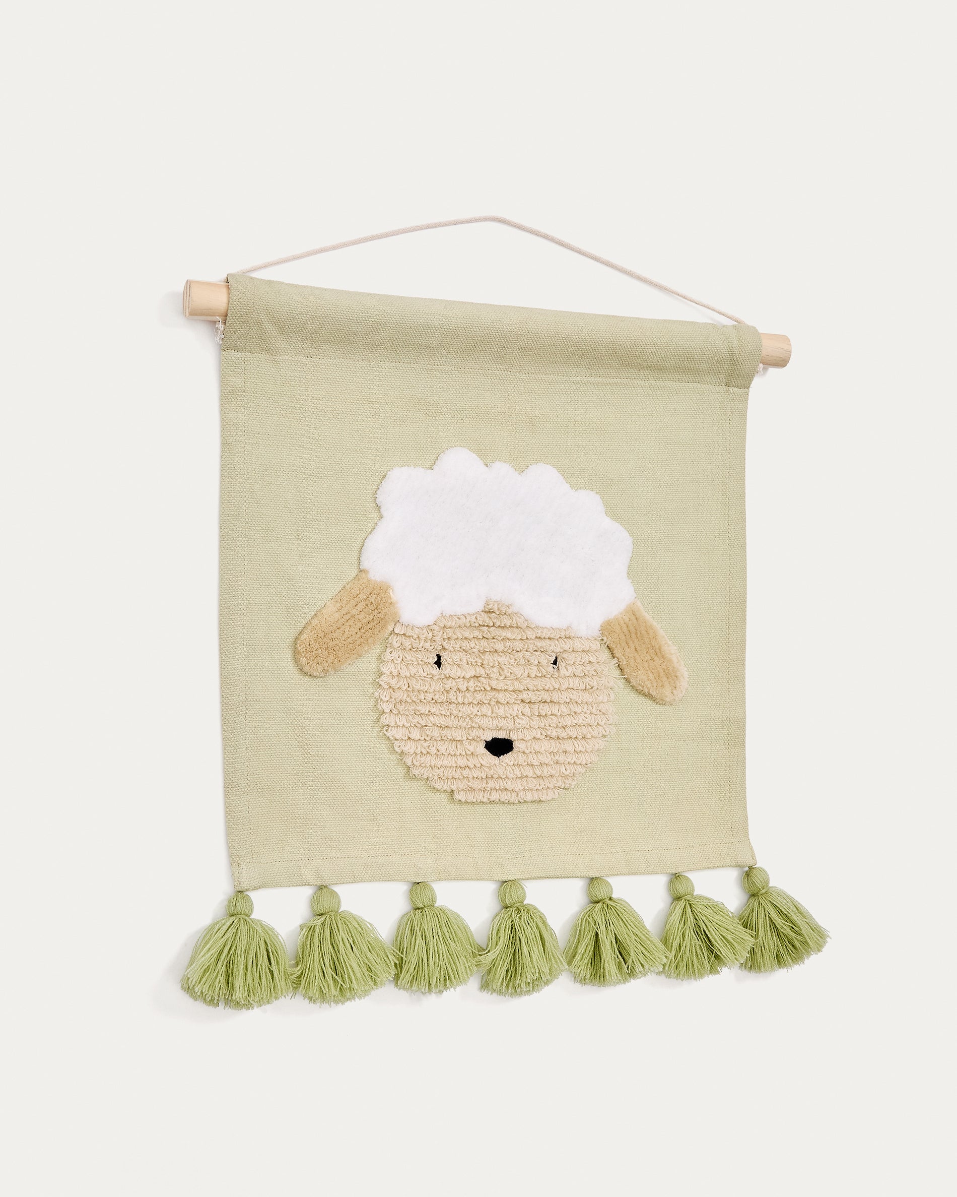 Milu wall tapestry in green cotton with a sheep and green tassels - Product View