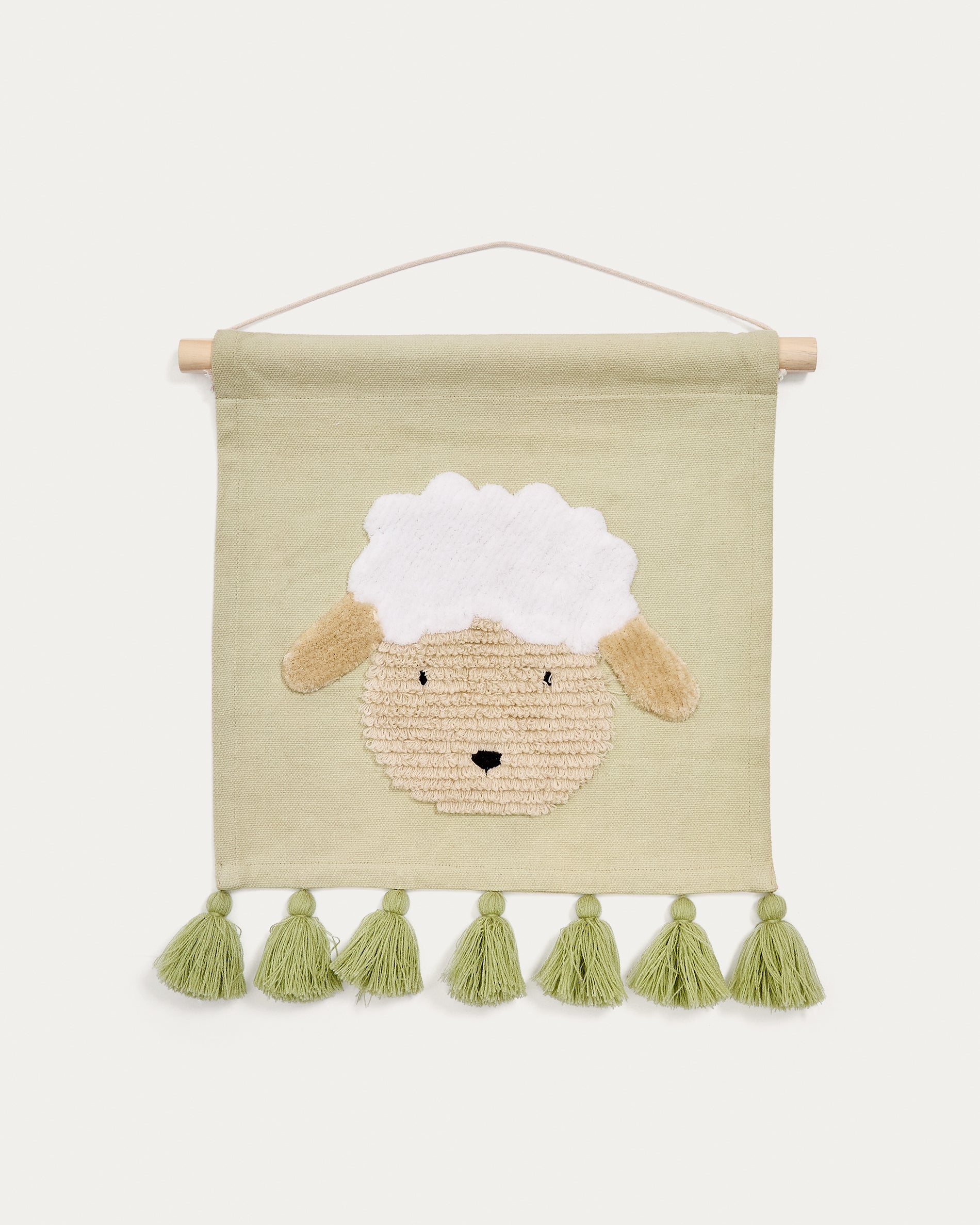 Milu wall tapestry in green cotton with a sheep and green tassels - Product View