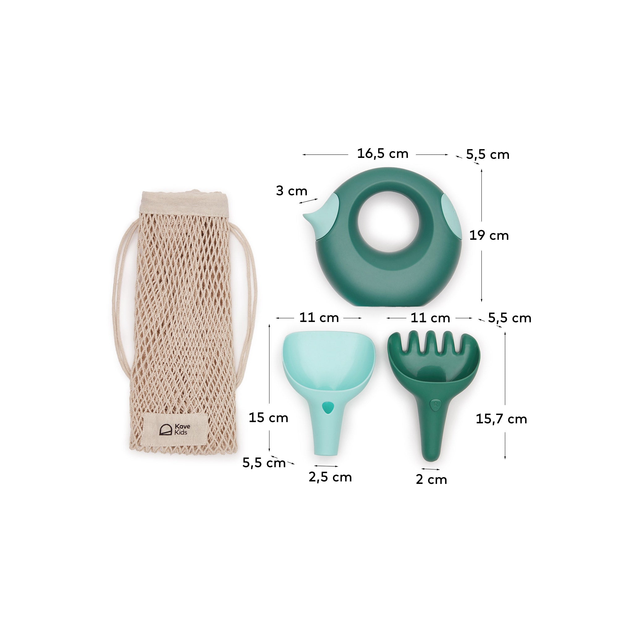 Rawni gardening play set with watering can, rake and shovel - Measurements