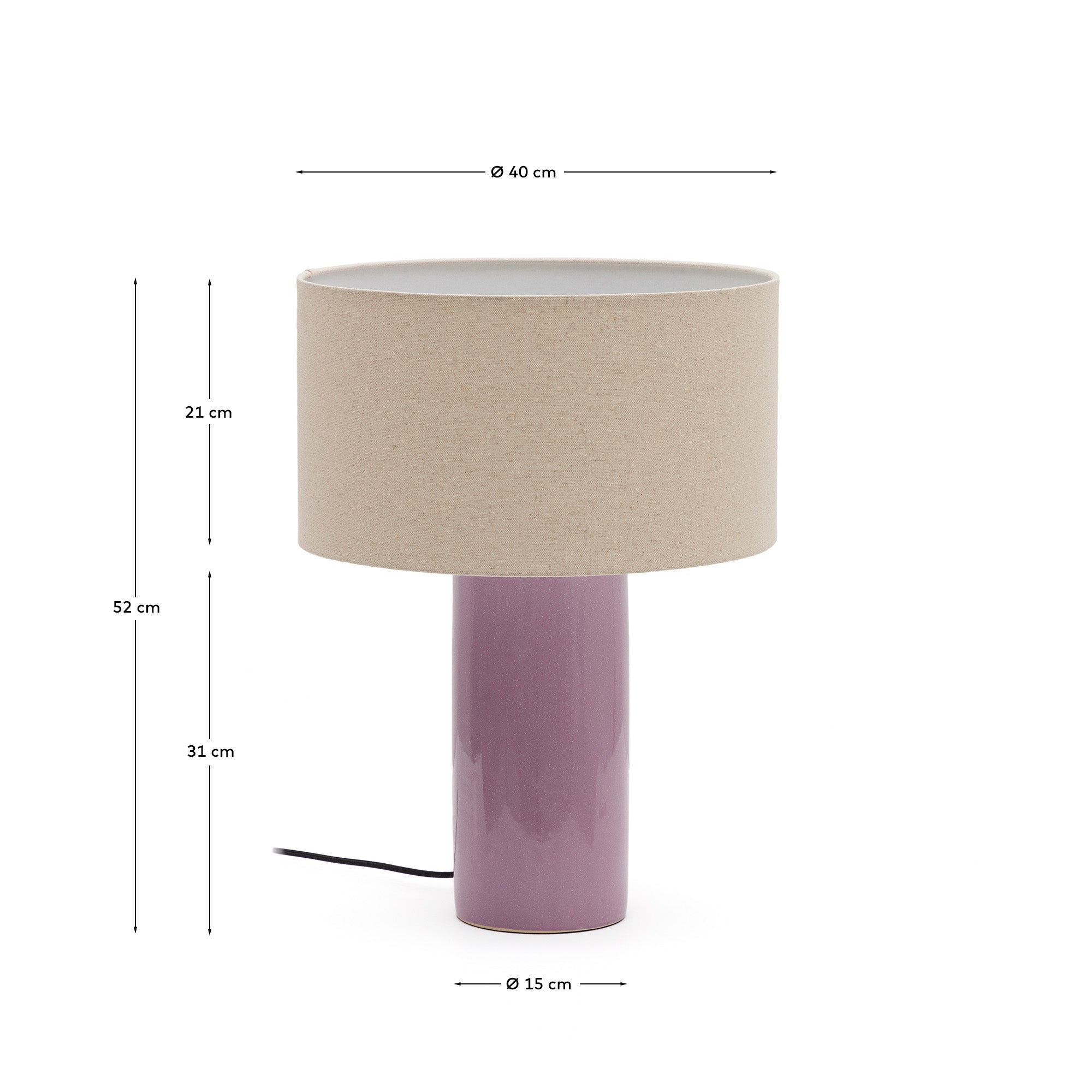 Toneric ceramic table lamp with a lilac finish and cotton - Measurements