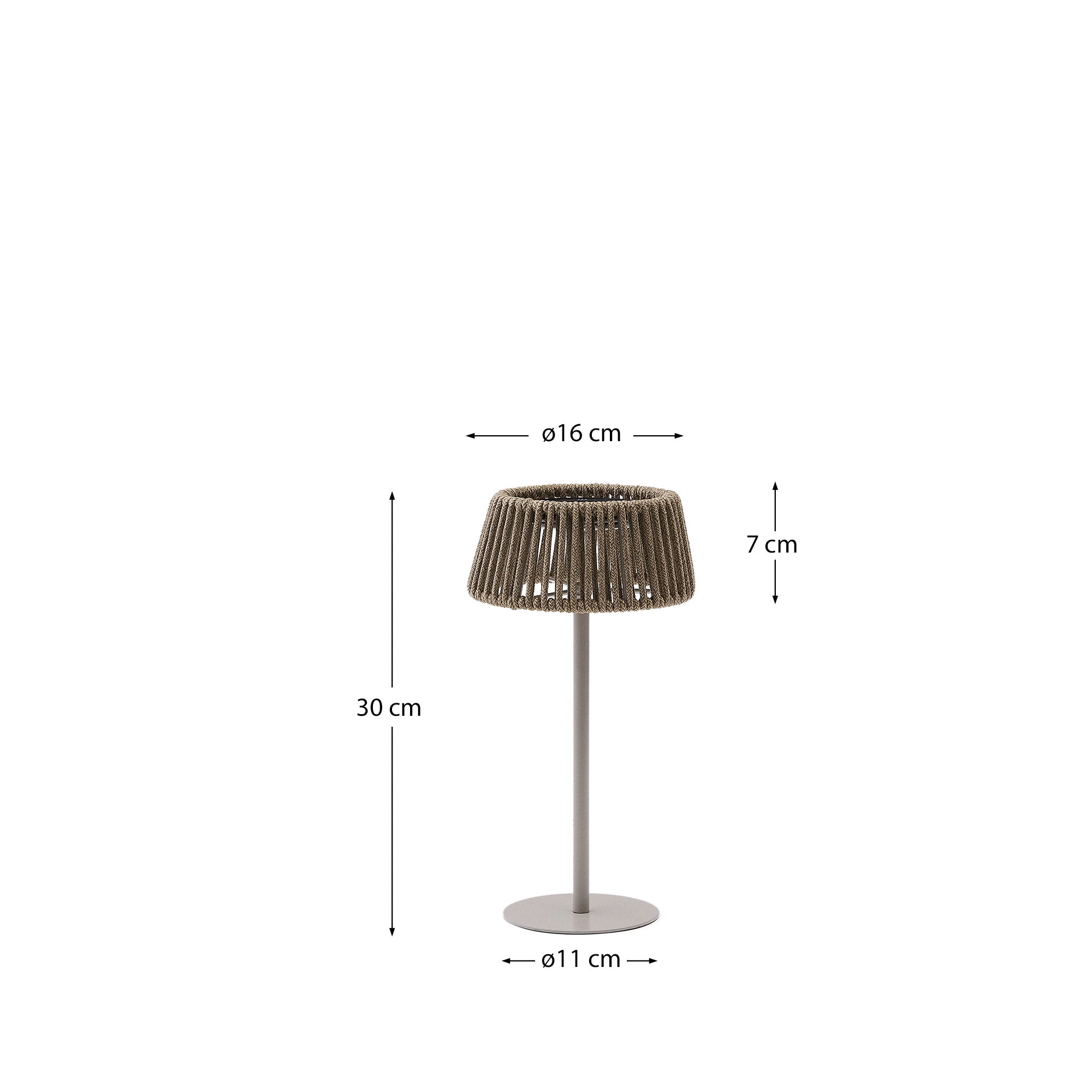 Aldet outdoor solar table lamp in beige mottled rope cord with beige metal stand - Measurements
