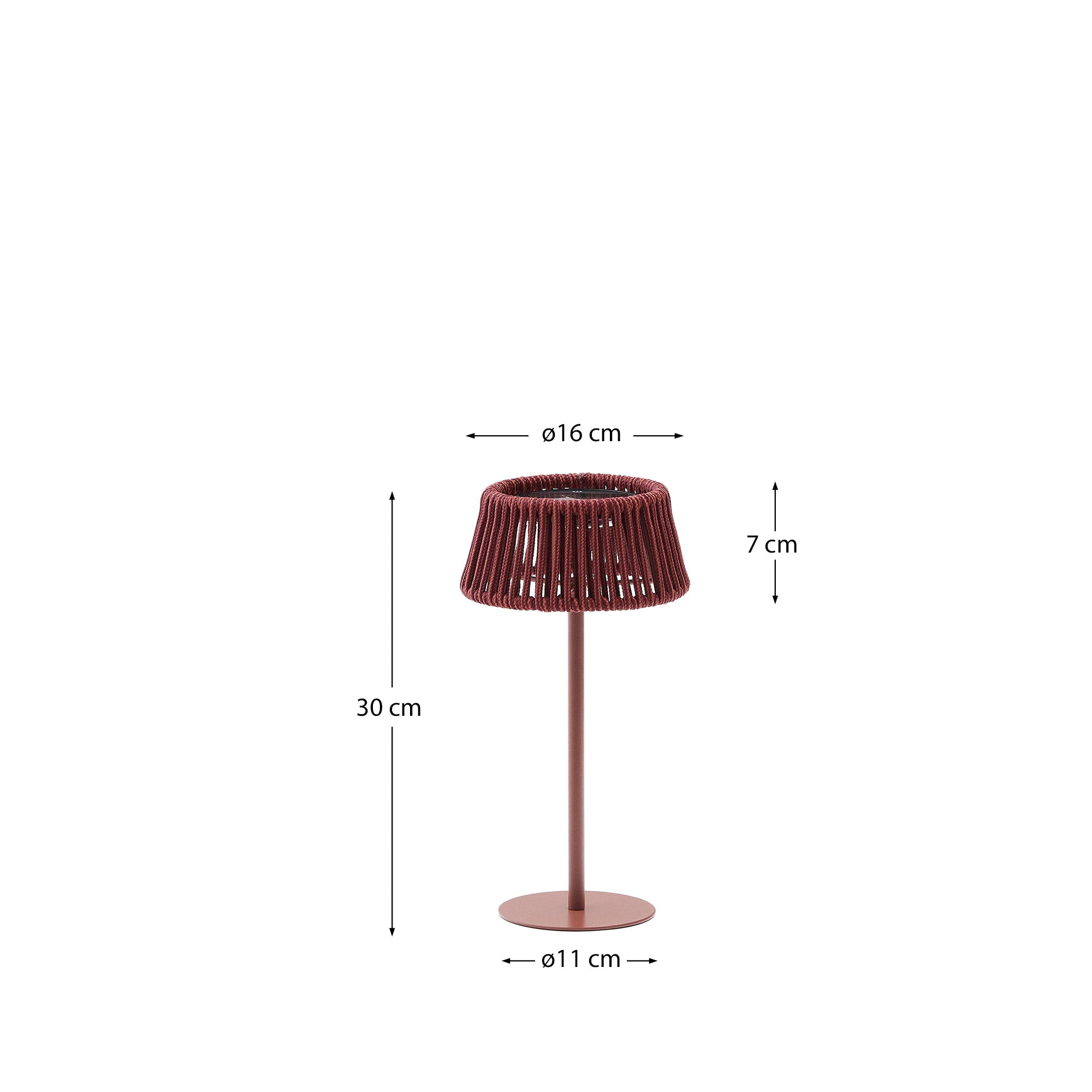 Aldet outdoor solar table lamp in terracotta mottled rope cord with terracotta metal stand - Measurements