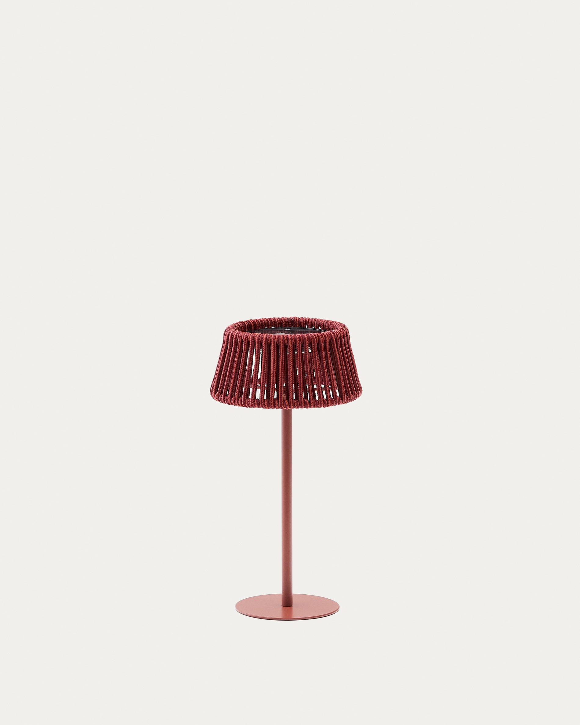 Aldet outdoor solar table lamp in terracotta mottled rope cord with terracotta metal stand - Product View