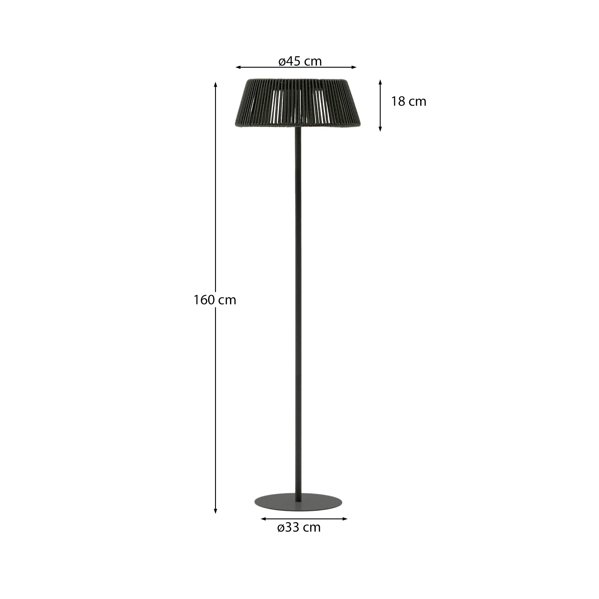 Aldet outdoor solar floor lamp in black and green mottled rope cord with black metal stand Ø46cm - Measurements