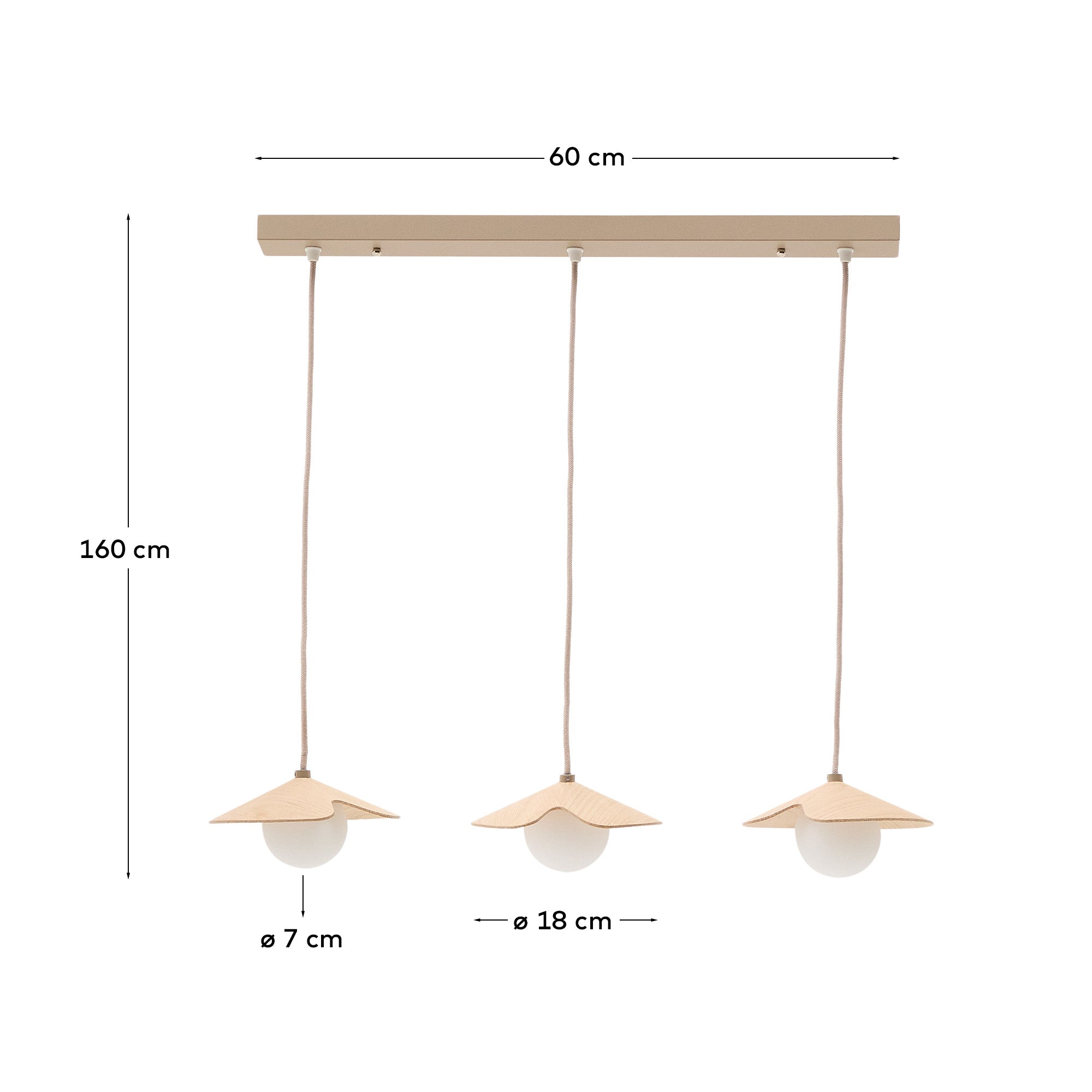 Wilara oak veneer ceiling lamp with 3 white smoked glass balls - Measurements