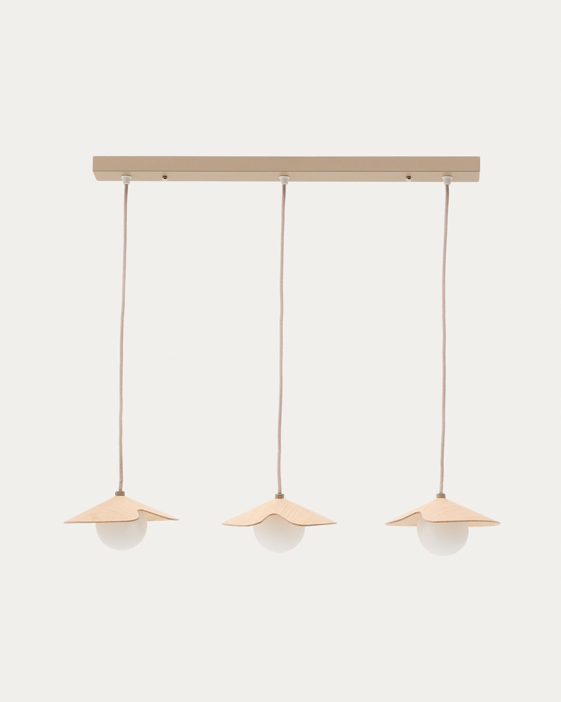 Wilara oak veneer ceiling lamp with 3 white smoked glass balls - Product View