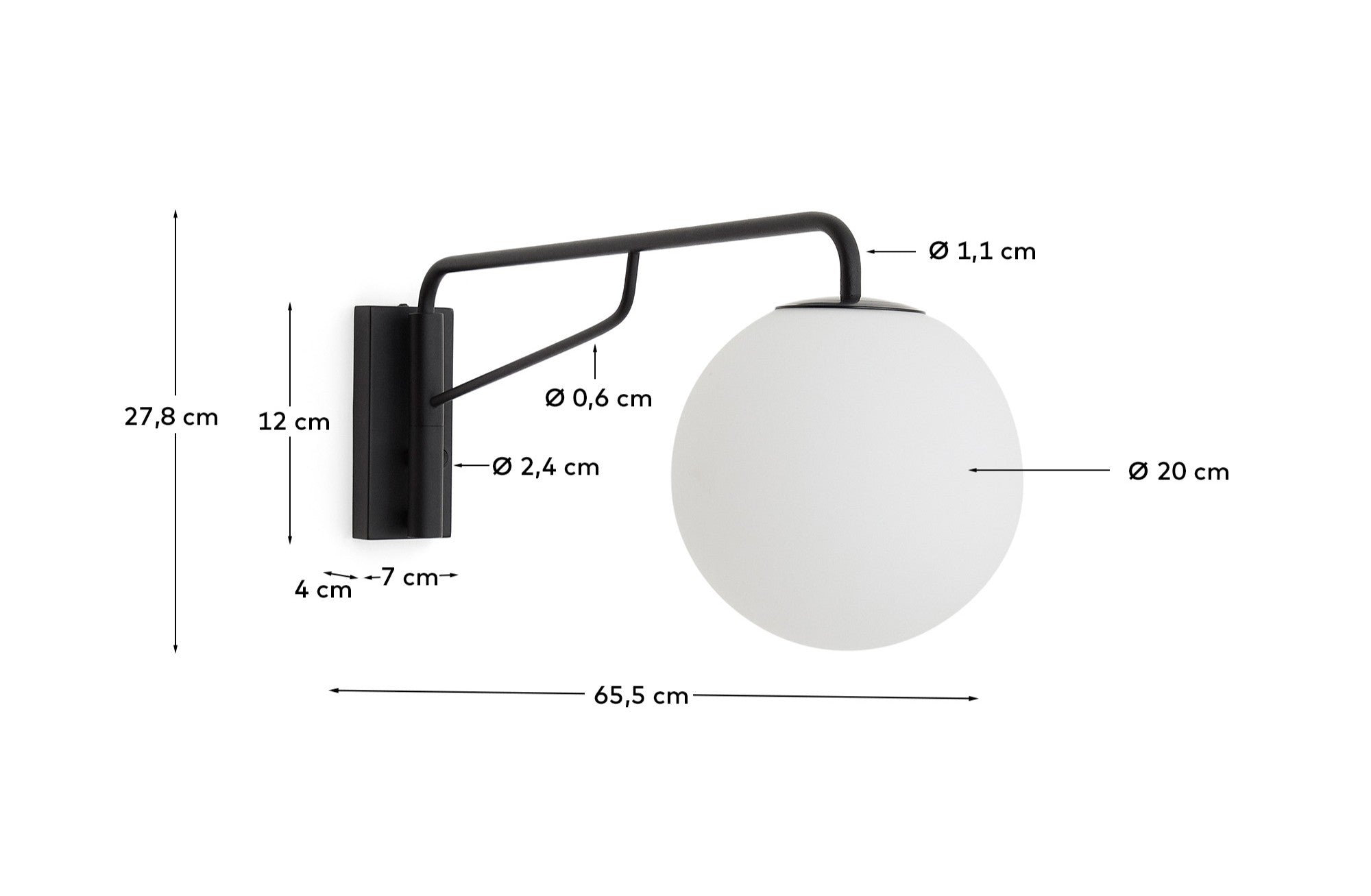 Eilo wall light in black steel with frosted glass globe - Measurements