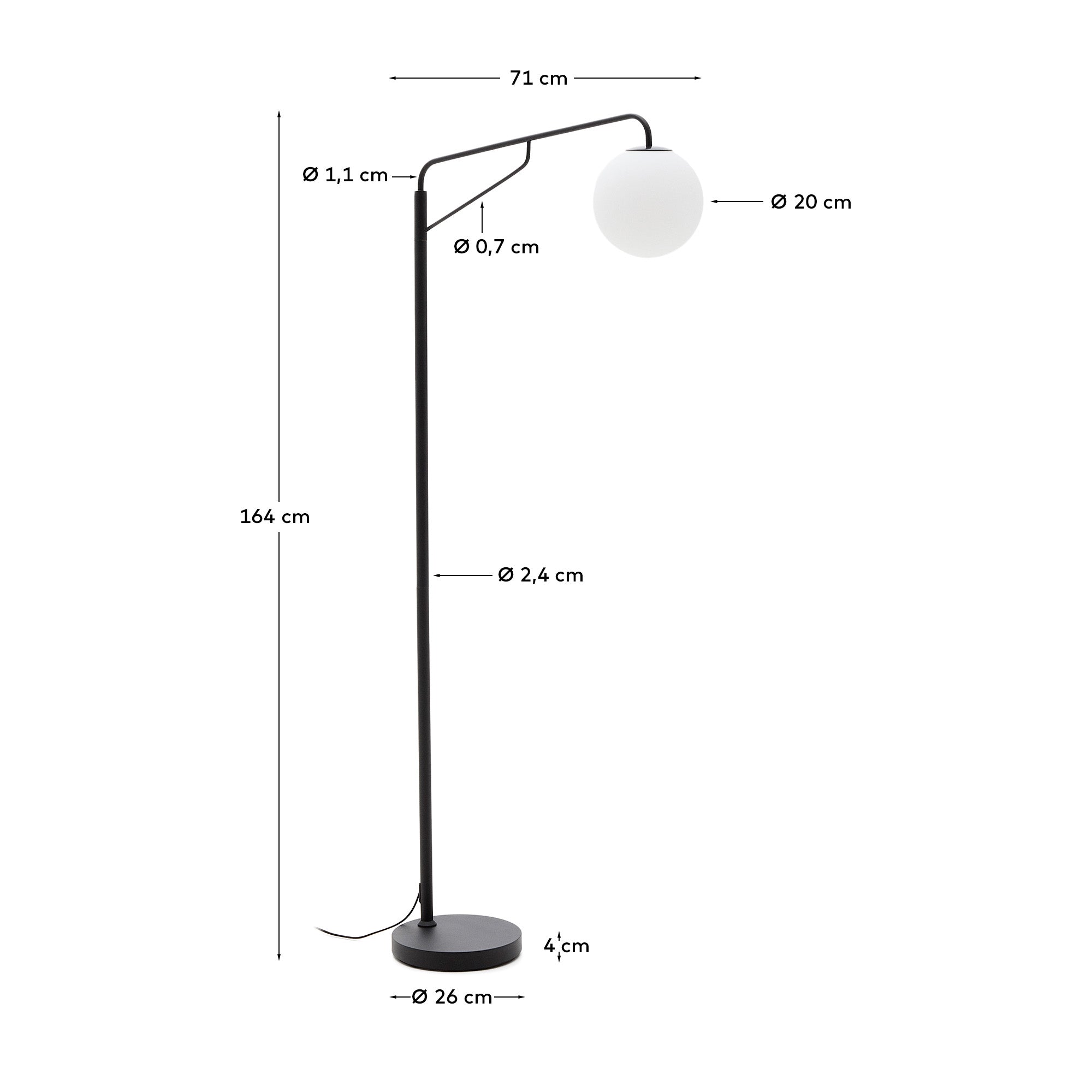 Eilo floor lamp in black steel with frosted glass globe - Measurements