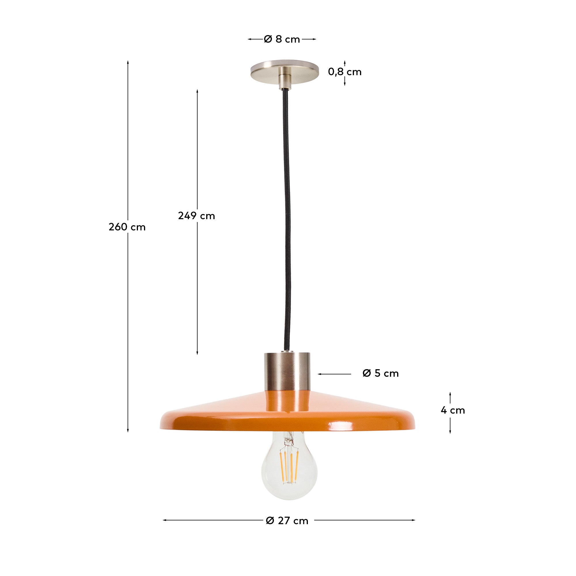 Nuvira ceiling lamp in light grey brushed metal with orange lampshade - Measurements