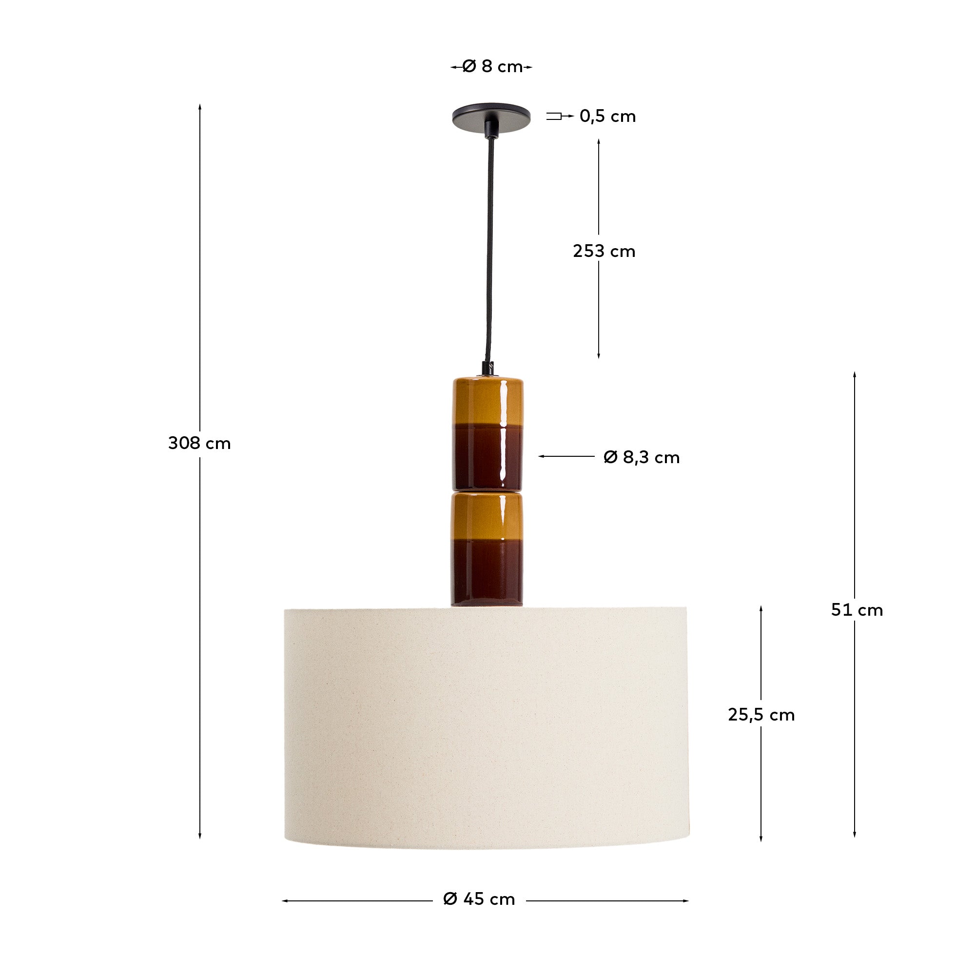 Mavran ceiling lamp in brown and mustard ceramic with cotton lampshade - Measurements